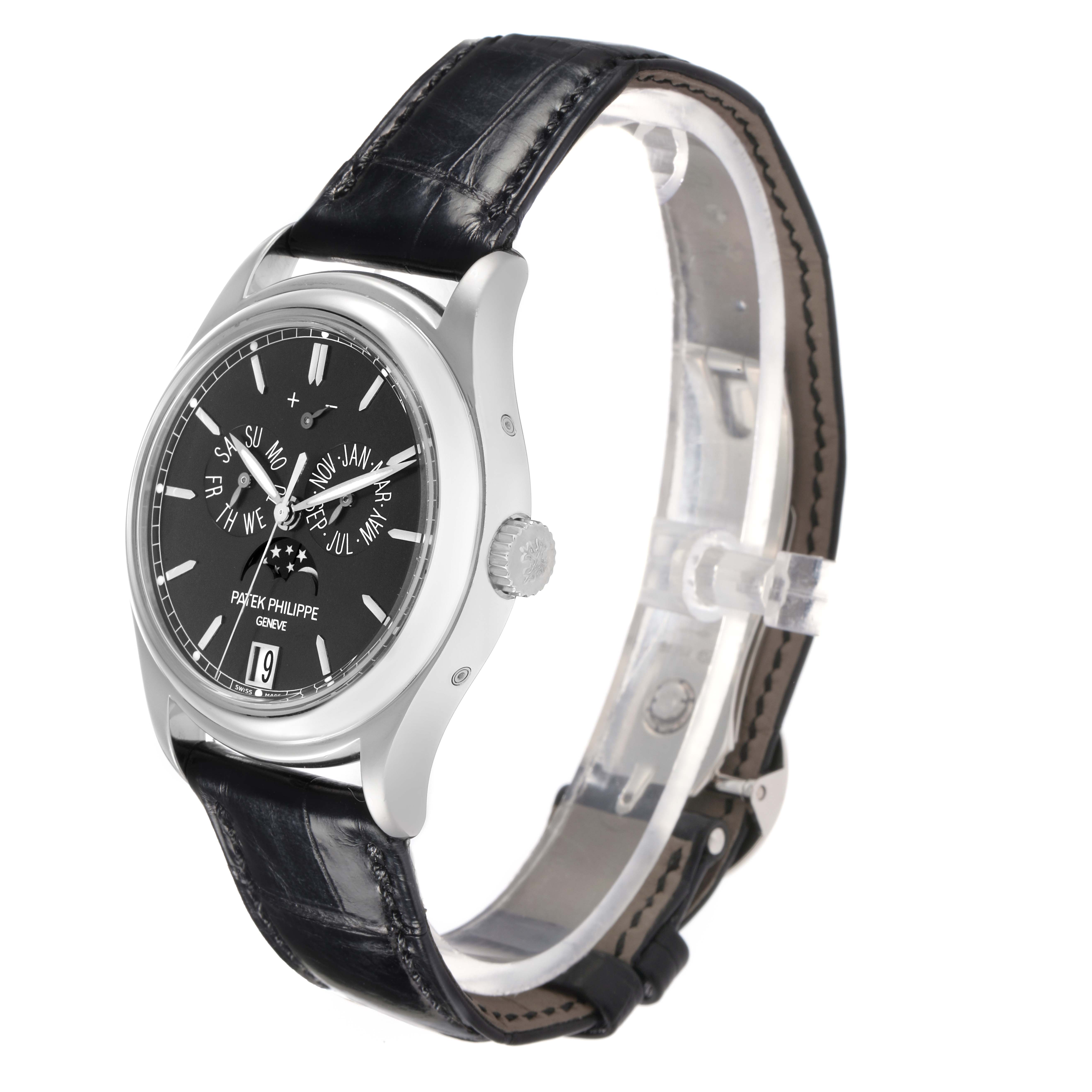 The Patek Philippe Complications 5146P-001 Men's White Gold Grey Dial watch is shown at a side angle, highlighting its face, crown, and leather strap.