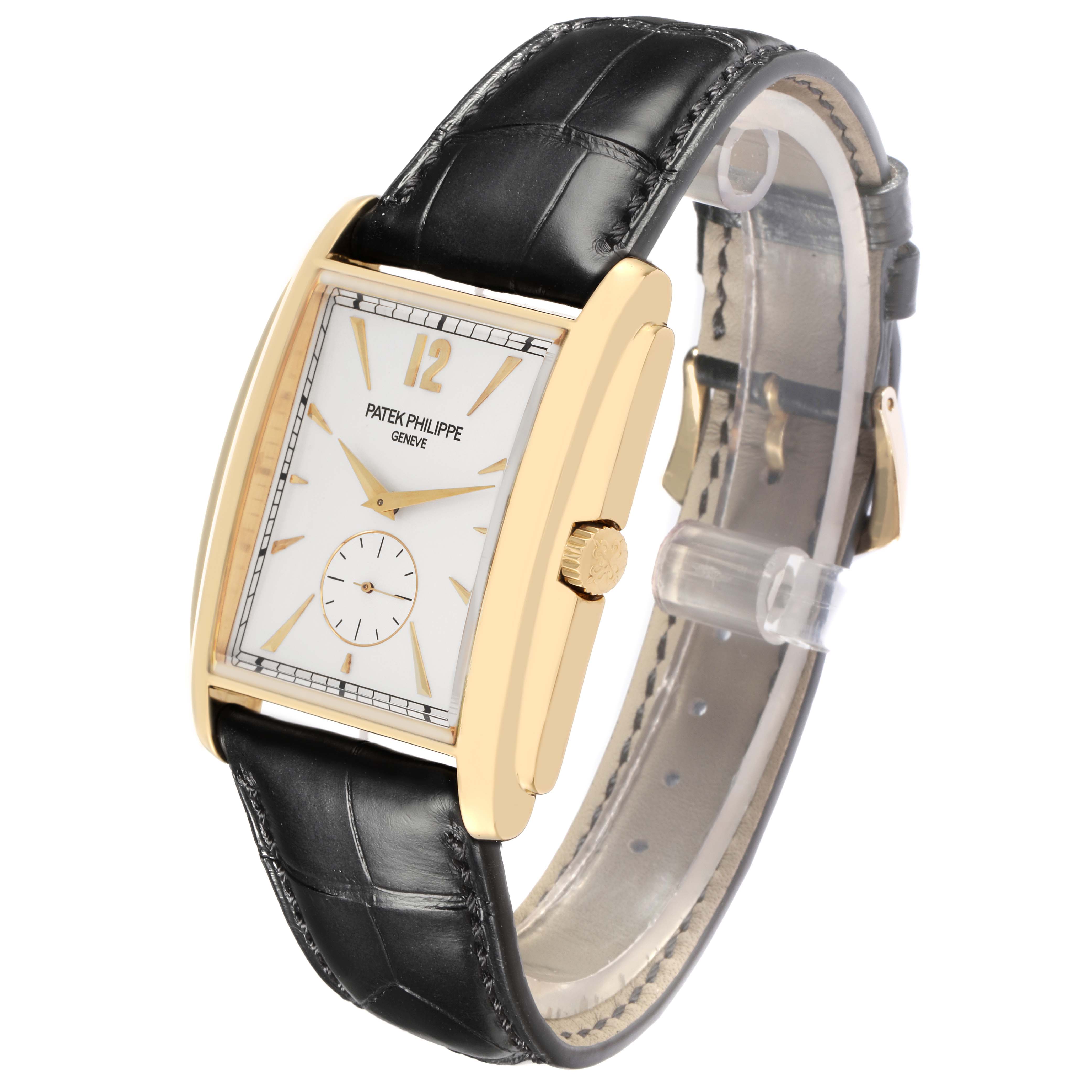 The Patek Philippe Gondolo 5124J 5124J Men
s Yellow Gold Silver Dial watch is shown at a three-quarter angle, highlighting its case, dial, and strap.