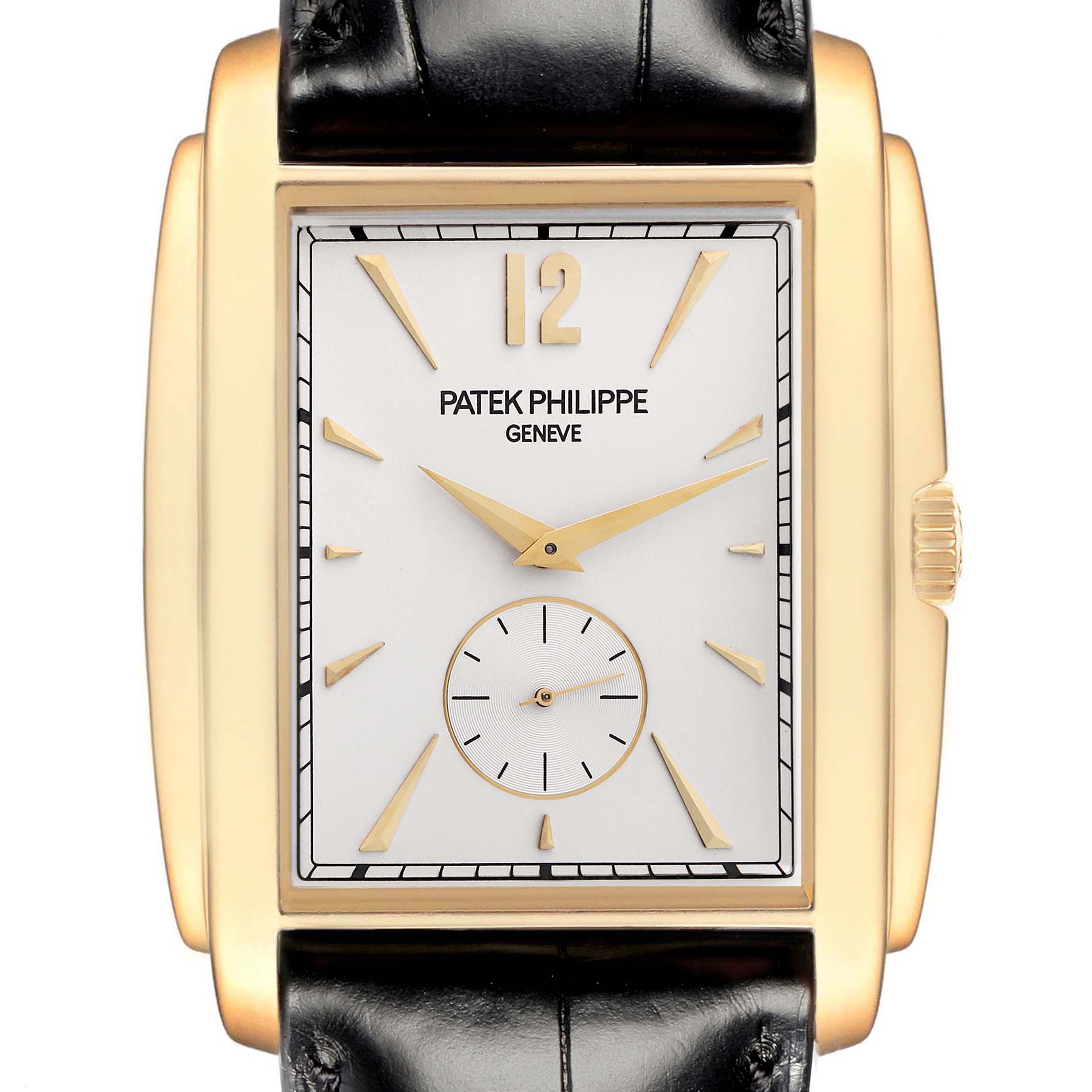 The image shows a front view of a Patek Philippe Gondolo 5124J 5124J Men
s Yellow Gold Silver Dial watch, highlighting the rectangular gold case, crown, and leather strap.