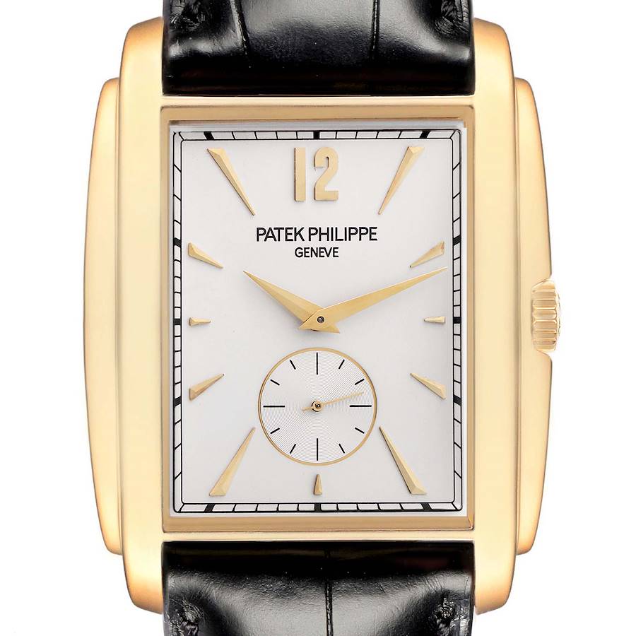 The Patek Philippe Gondolo model 5124J men’s watch is shown from a front angle highlighting its rectangular dial, gold case, and black leather strap.