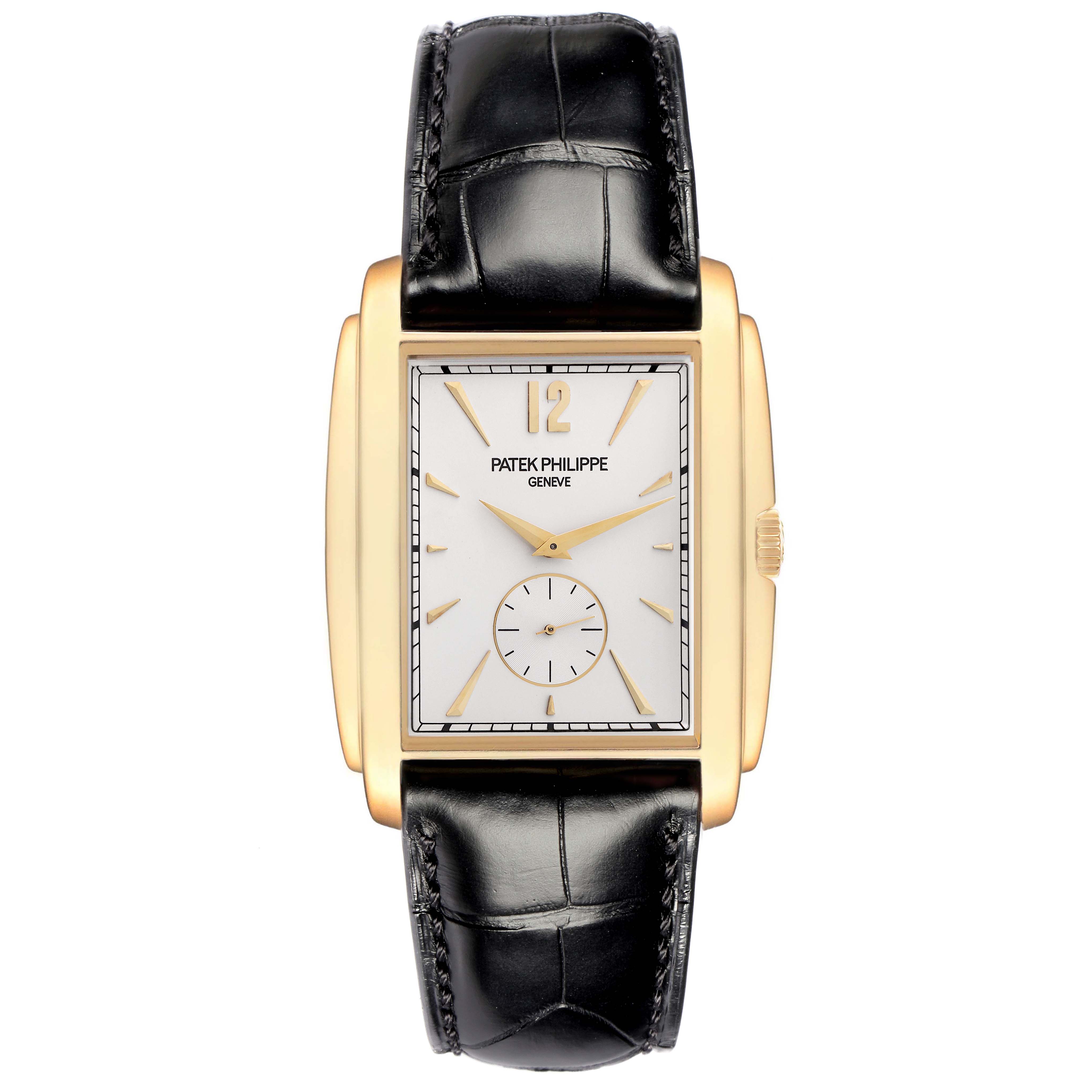 The Patek Philippe Gondolo 5124J 5124J Men
s Yellow Gold Silver Dial watch is shown from the front, displaying its rectangular dial, gold case, and black leather strap.