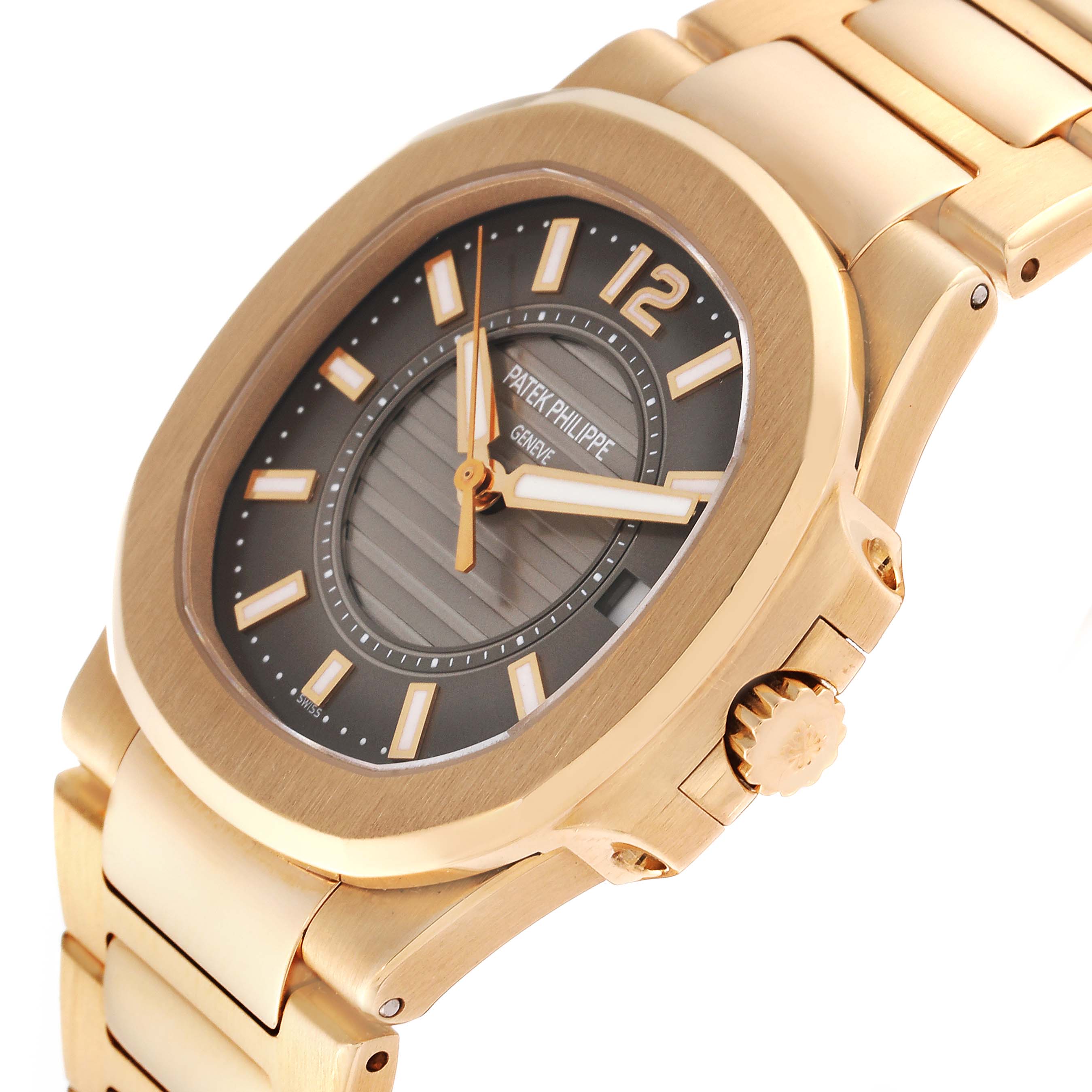 This image shows a close-up angle of the dial, crown, and part of the bracelet of the Patek Philippe Nautilus 7011/1R Women's Rose Gold Grey Dial 7011/1R Women's Rose Gold Grey Dial watch.