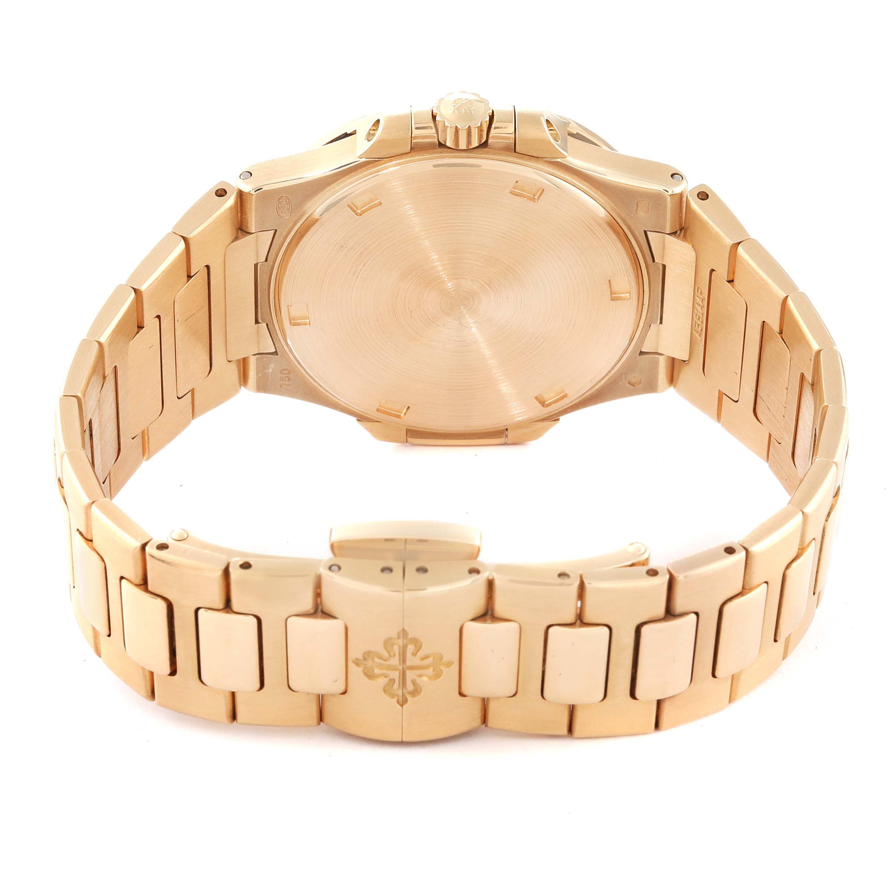 The image shows the back and bracelet of a Patek Philippe Nautilus 7011/1R Women's Rose Gold Grey Dial 7011/1R Women's Rose Gold Grey Dial watch, viewed from a slightly elevated angle.