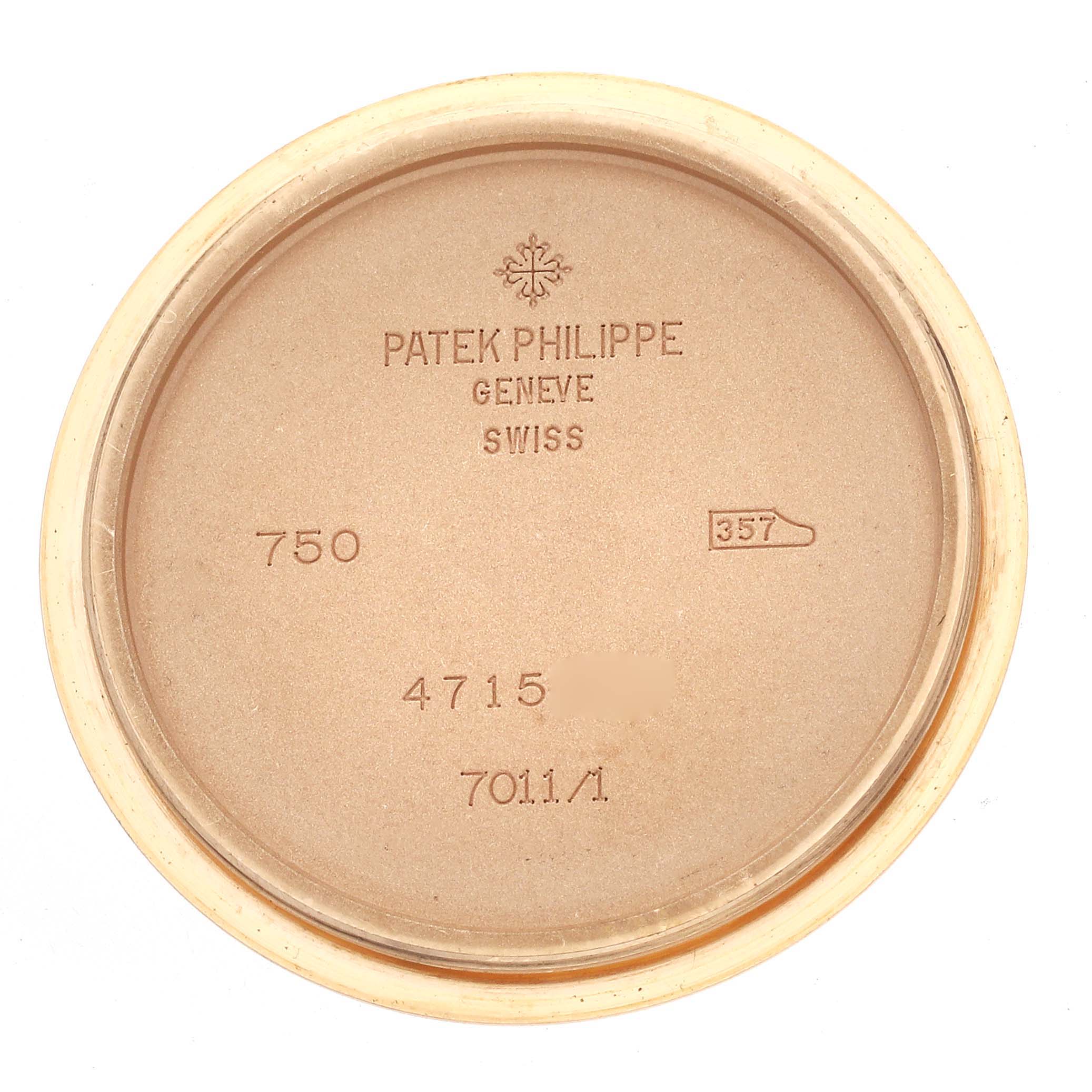 This image shows the inside of the case back for a Patek Philippe Nautilus 7011/1R Women's Rose Gold Grey Dial 7011/1R Women's Rose Gold Grey Dial watch.