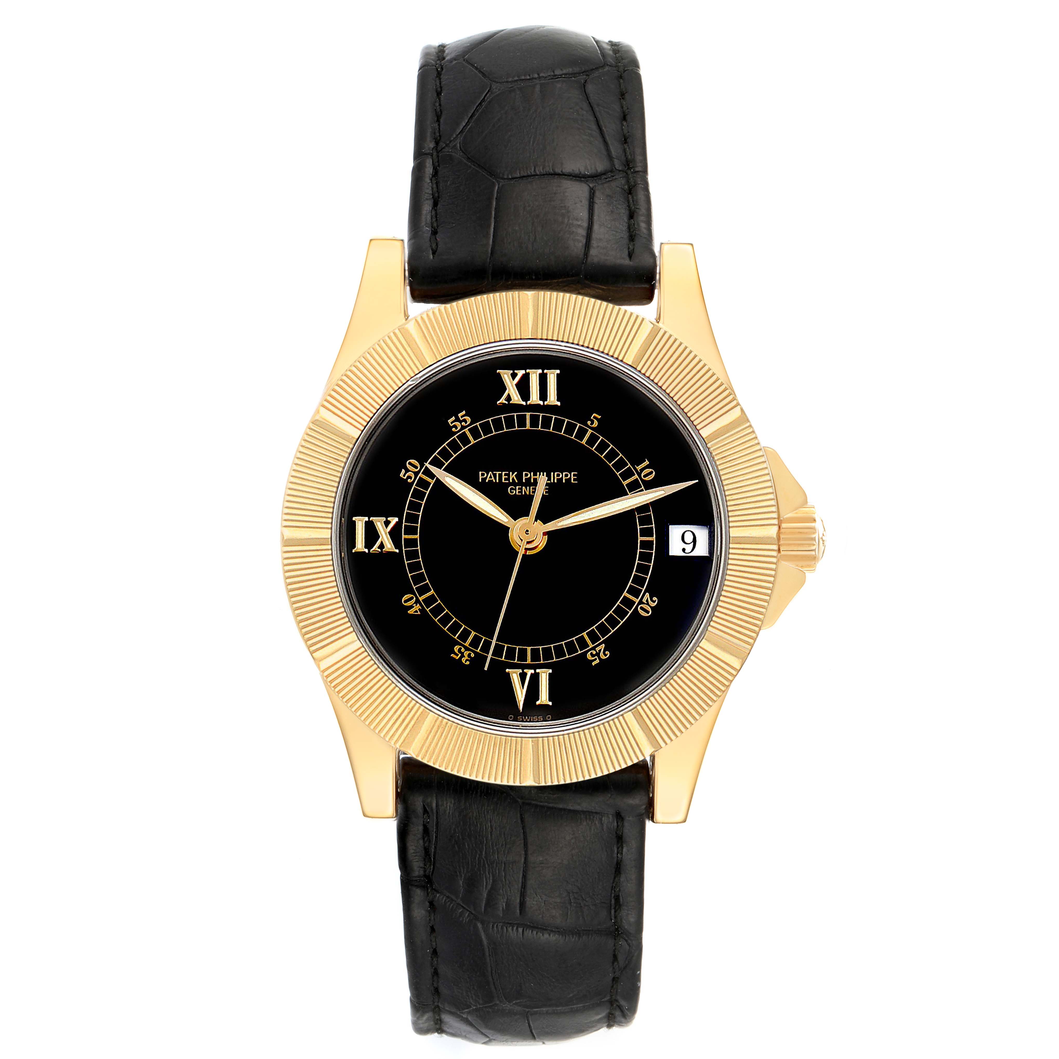This image shows a front view of the Patek Philippe Neptune 5081 Men's Yellow Gold Black Dial 5081 Men's Yellow Gold Black Dial model watch highlighting its dial, hands, and leather strap.
