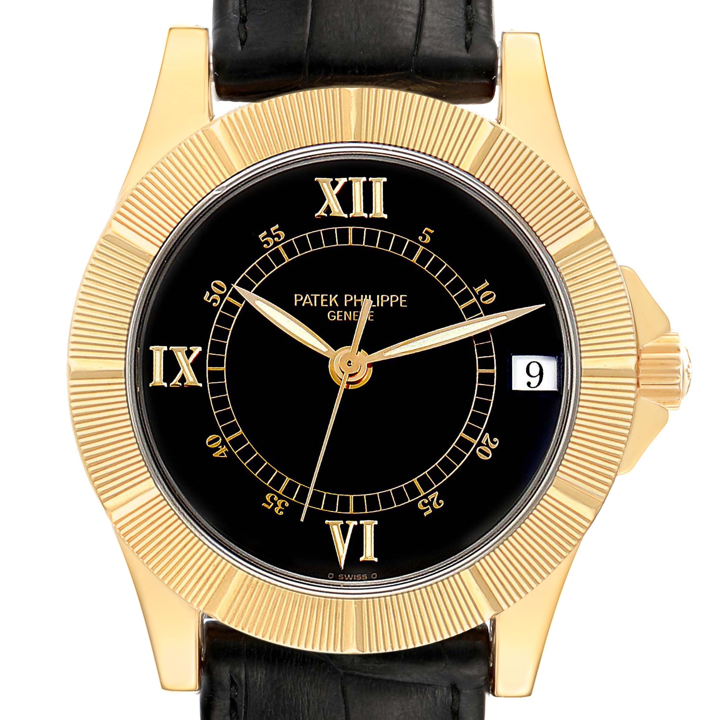 The image shows a front view of the Patek Philippe Neptune 5081 Men's Yellow Gold Black Dial 5081 Men's Yellow Gold Black Dial model watch, highlighting its face, bezel, and strap attachment.