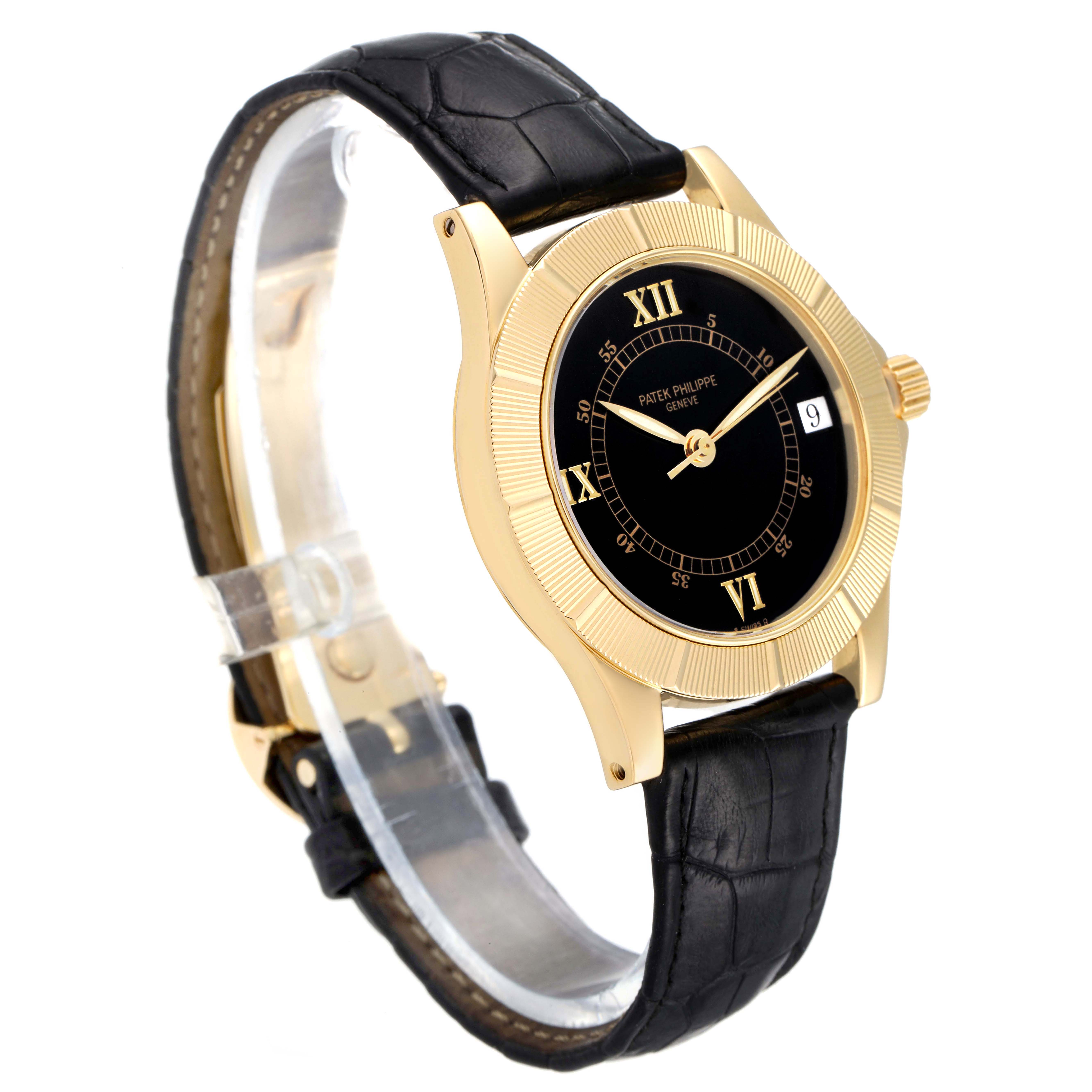 The image shows a Patek Philippe Neptune 5081 Men's Yellow Gold Black Dial 5081 Men's Yellow Gold Black Dial model watch at a slight angle, highlighting its black dial, gold casing, and black leather strap.