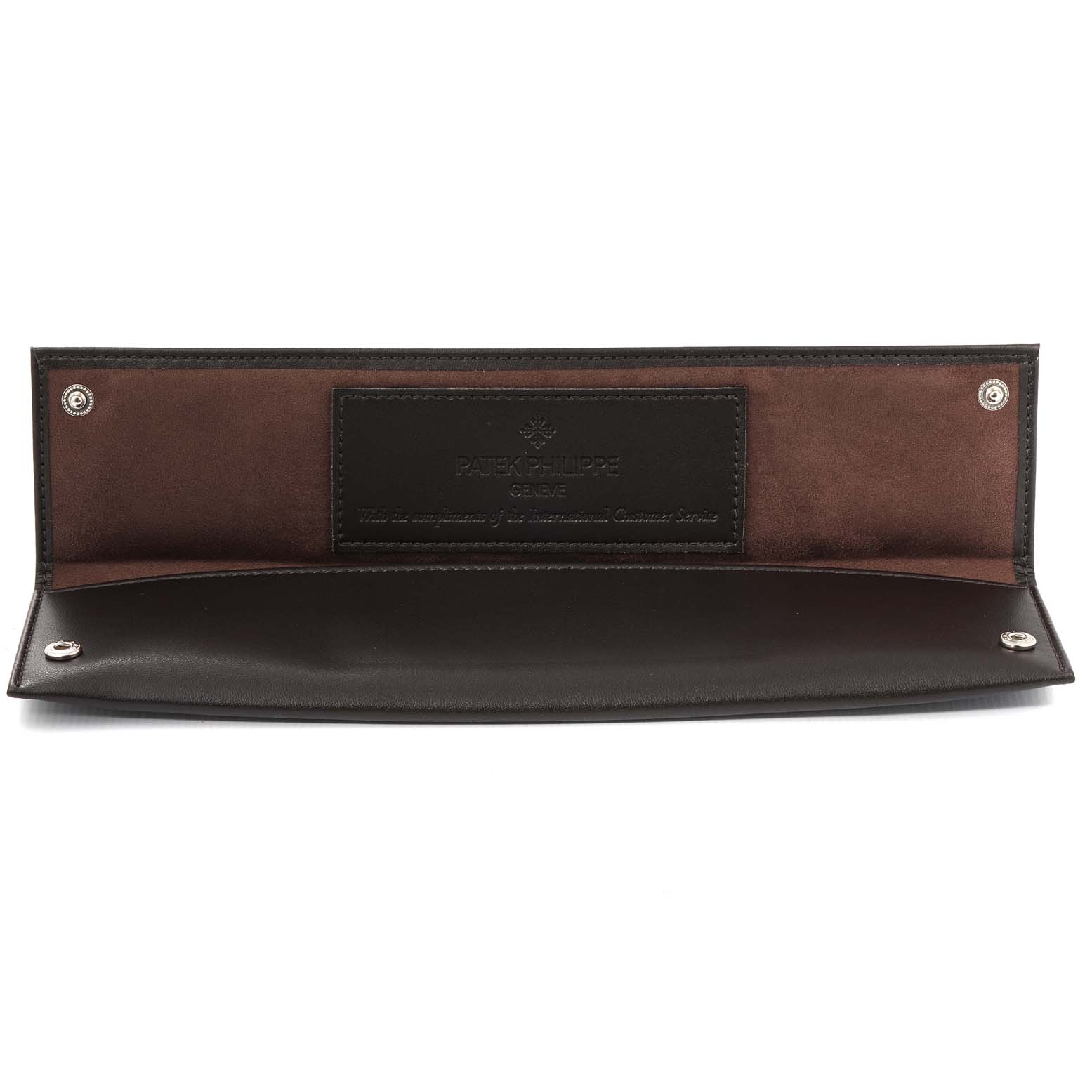 The image shows an open leather watch pouch for the Neptune model by Patek Philippe, displaying its interior and snap closures.