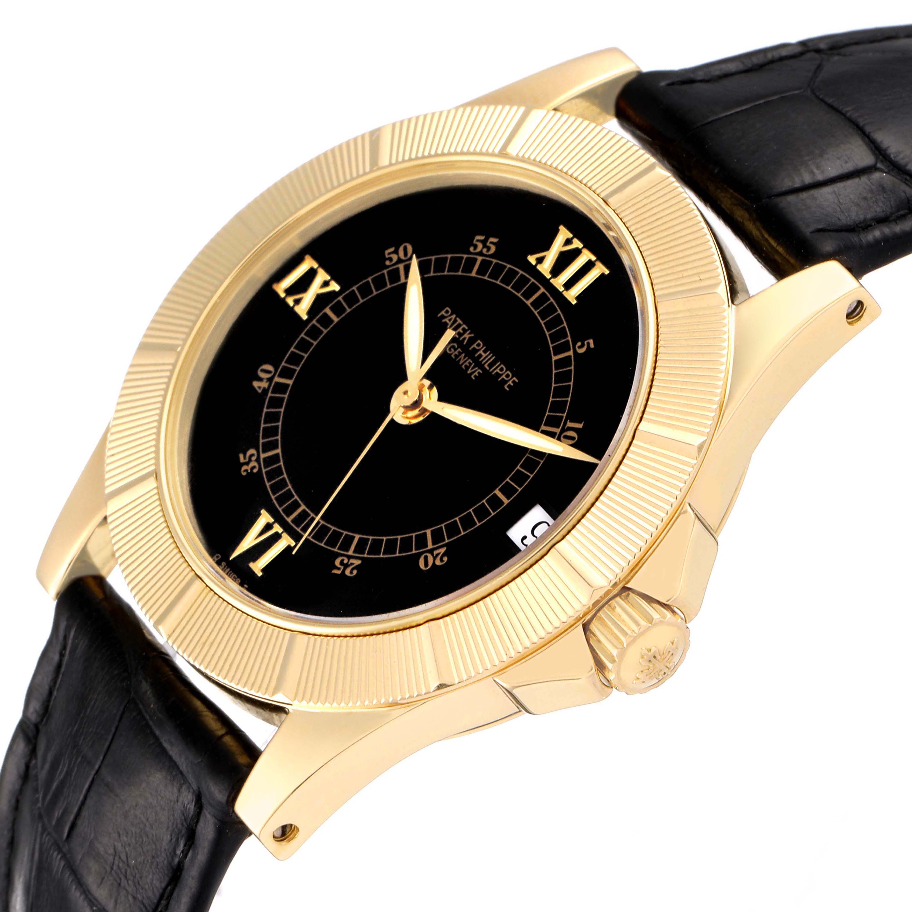 The Patek Philippe Neptune 5081 Men's Yellow Gold Black Dial 5081 Men's Yellow Gold Black Dial watch is shown at a slight angle, displaying its gold case, black dial, and leather strap.