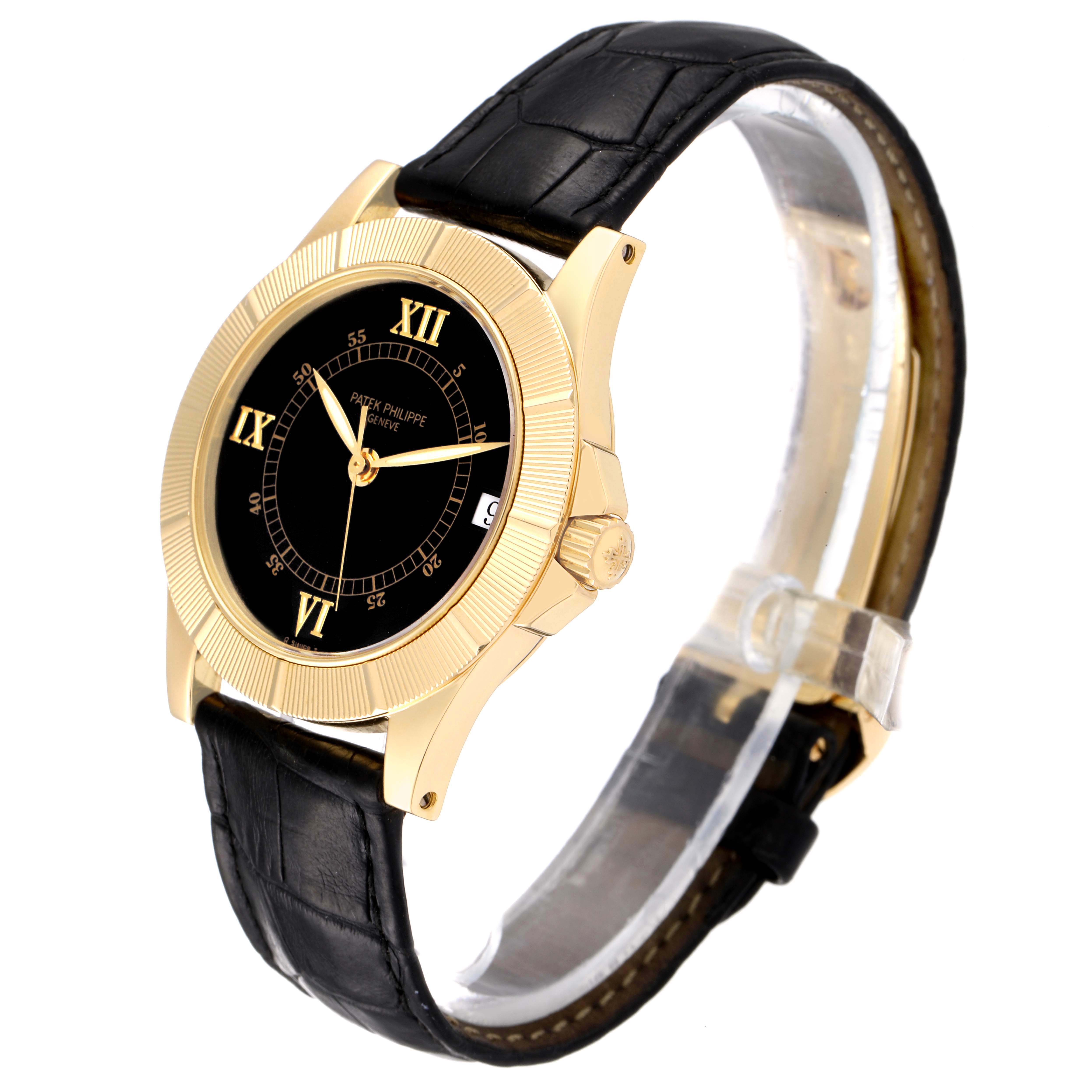 The image shows a side angle of a Patek Philippe Neptune 5081 Men's Yellow Gold Black Dial 5081 Men's Yellow Gold Black Dial watch, highlighting its black leather strap and gold bezel.