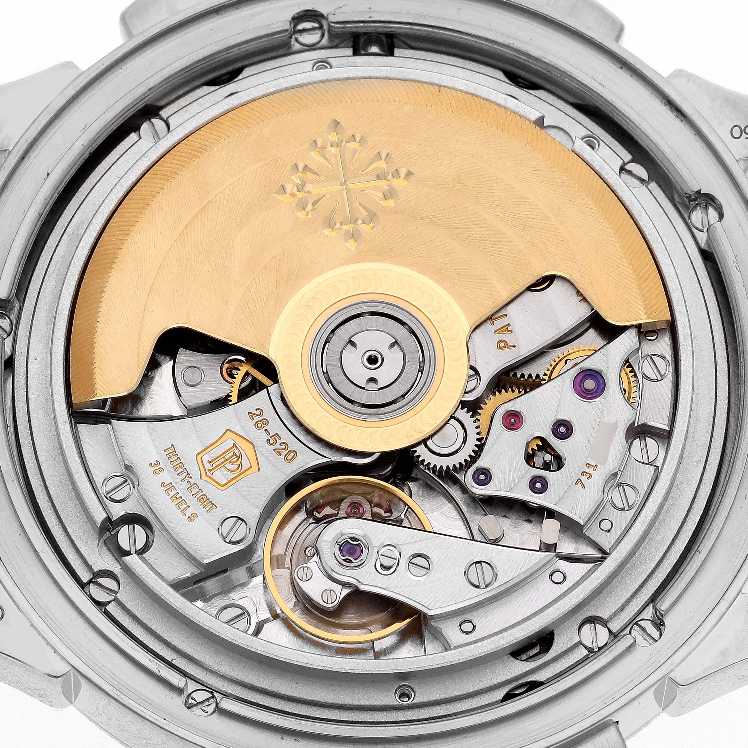 This image shows the detailed back view of the movement inside a Patek Philippe Complications 5930G-001 Men
s White Gold Blue Dial watch, highlighting the rotor and gears.