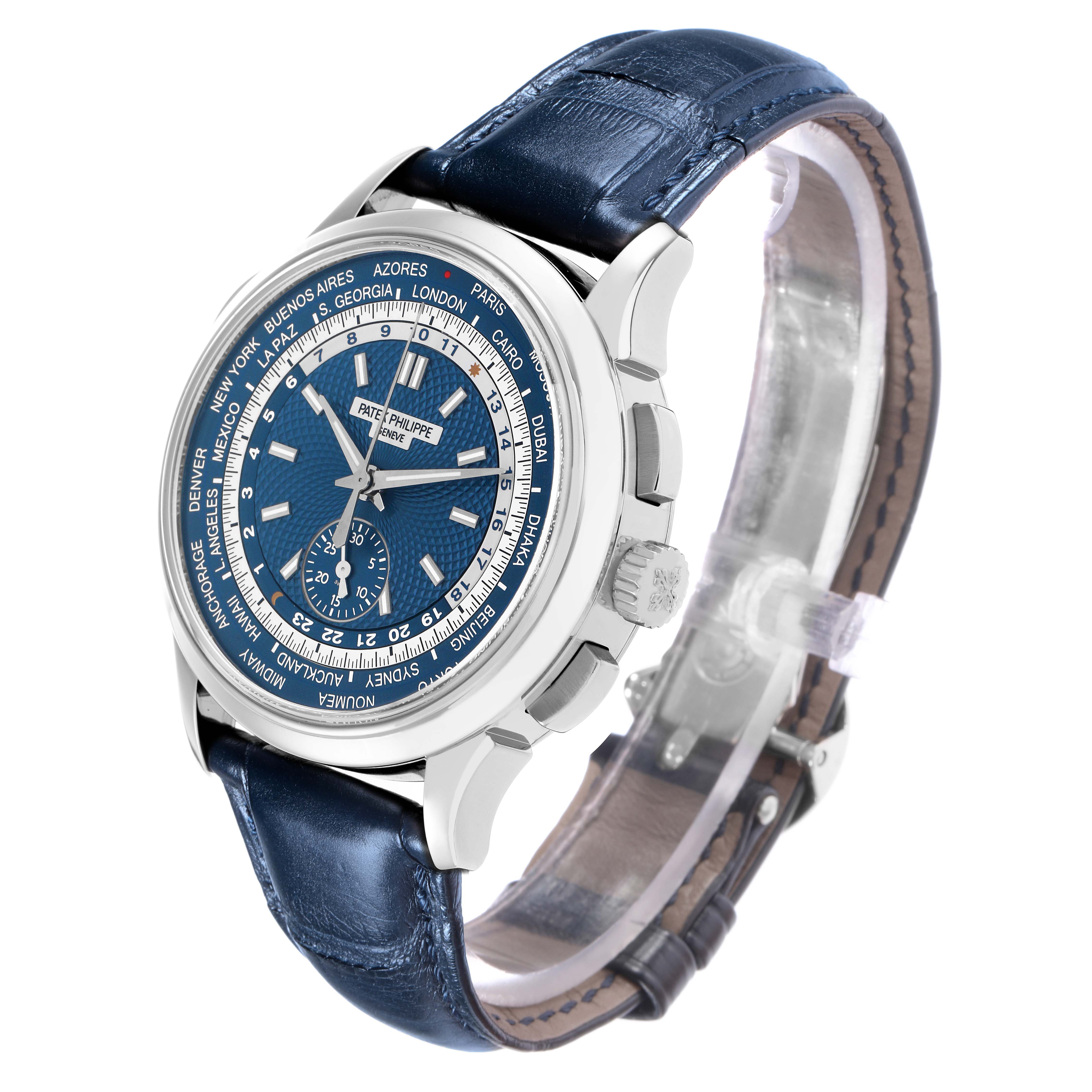 The Patek Philippe Complications 5930G-001 Men
s White Gold Blue Dial watch is shown at a three-quarter angle, highlighting the dial, case, and leather strap.