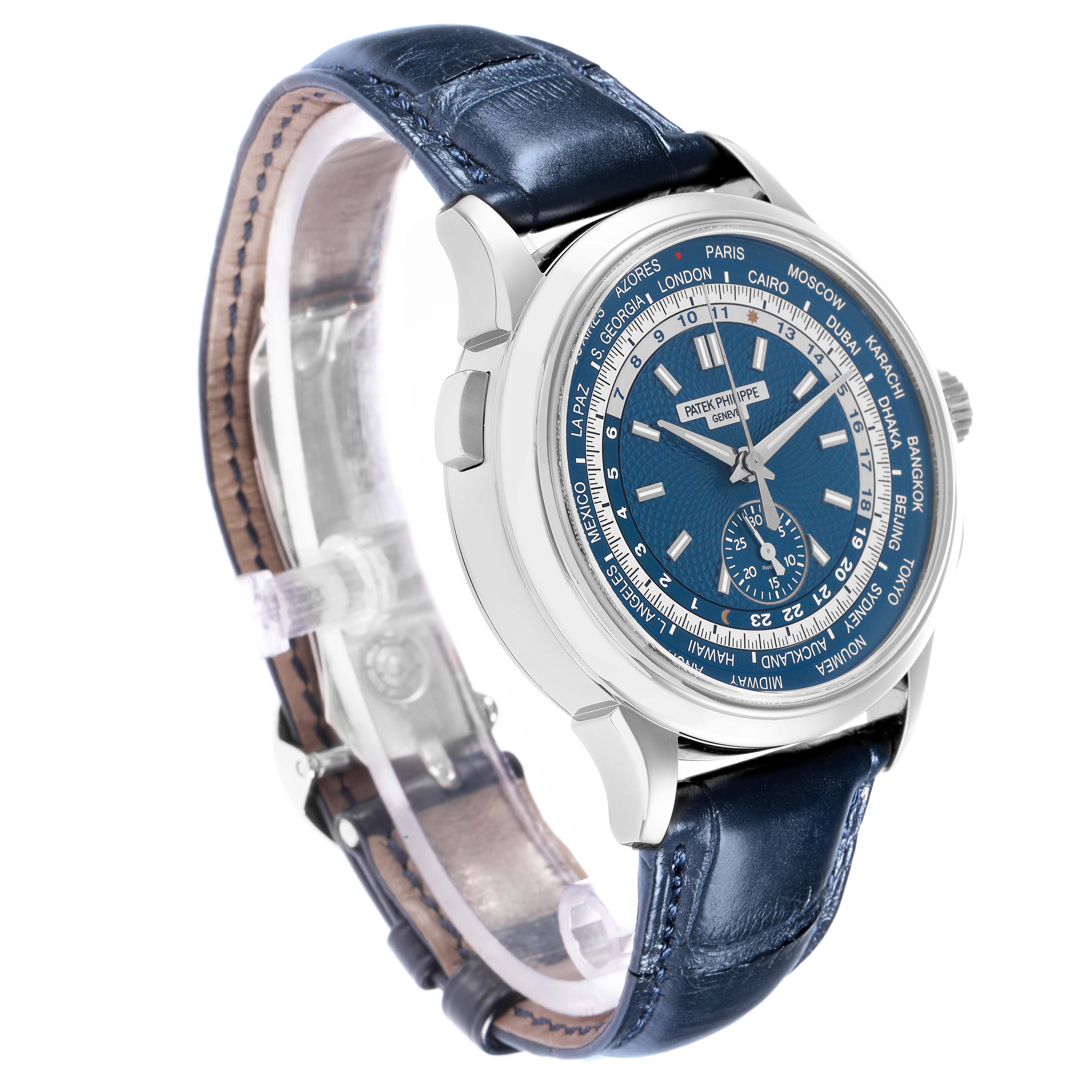 The Patek Philippe Complications 5930G-001 Men
s White Gold Blue Dial watch is shown at a three-quarter angle, displaying its blue face and leather strap.