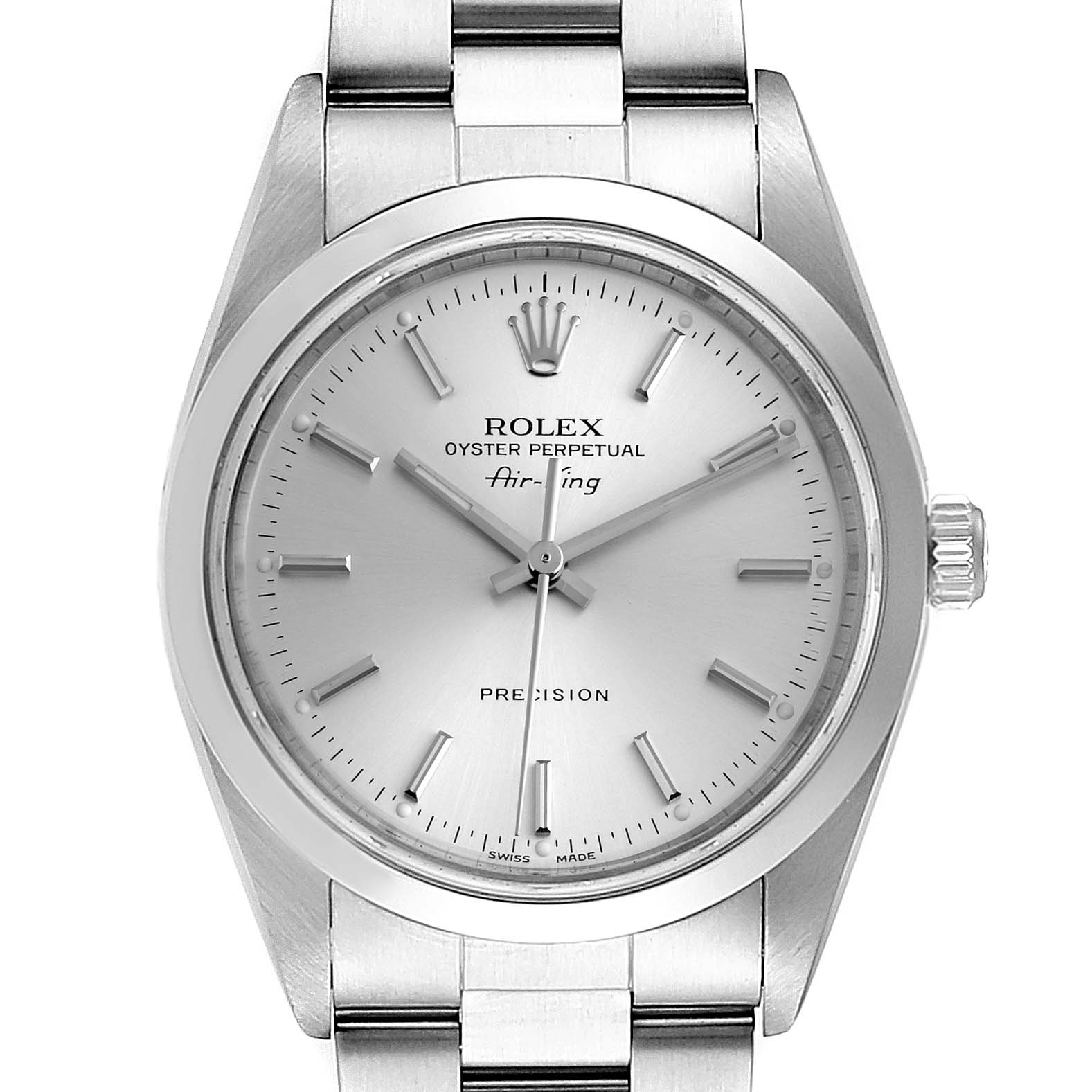 This image shows a front view of the Rolex Air-King 14000 Men's Stainless Steel Silver Dial 14000 Men's Stainless Steel Silver Dial watch, highlighting its face, bezel, and part of the bracelet.