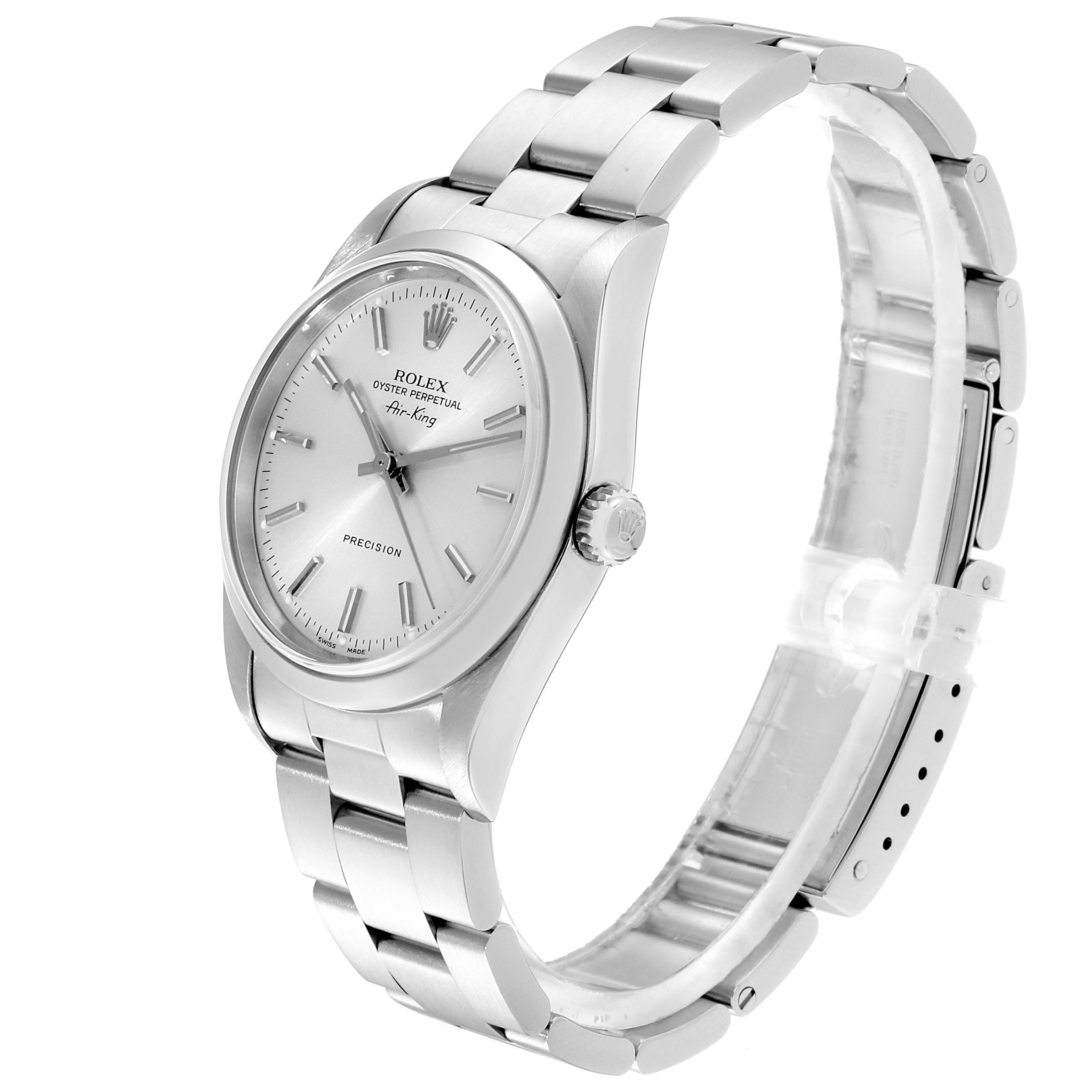 The Rolex Air-King 14000 Men's Stainless Steel Silver Dial 14000 Men's Stainless Steel Silver Dial watch is shown at a slight angle highlighting its face, crown, and metal bracelet.