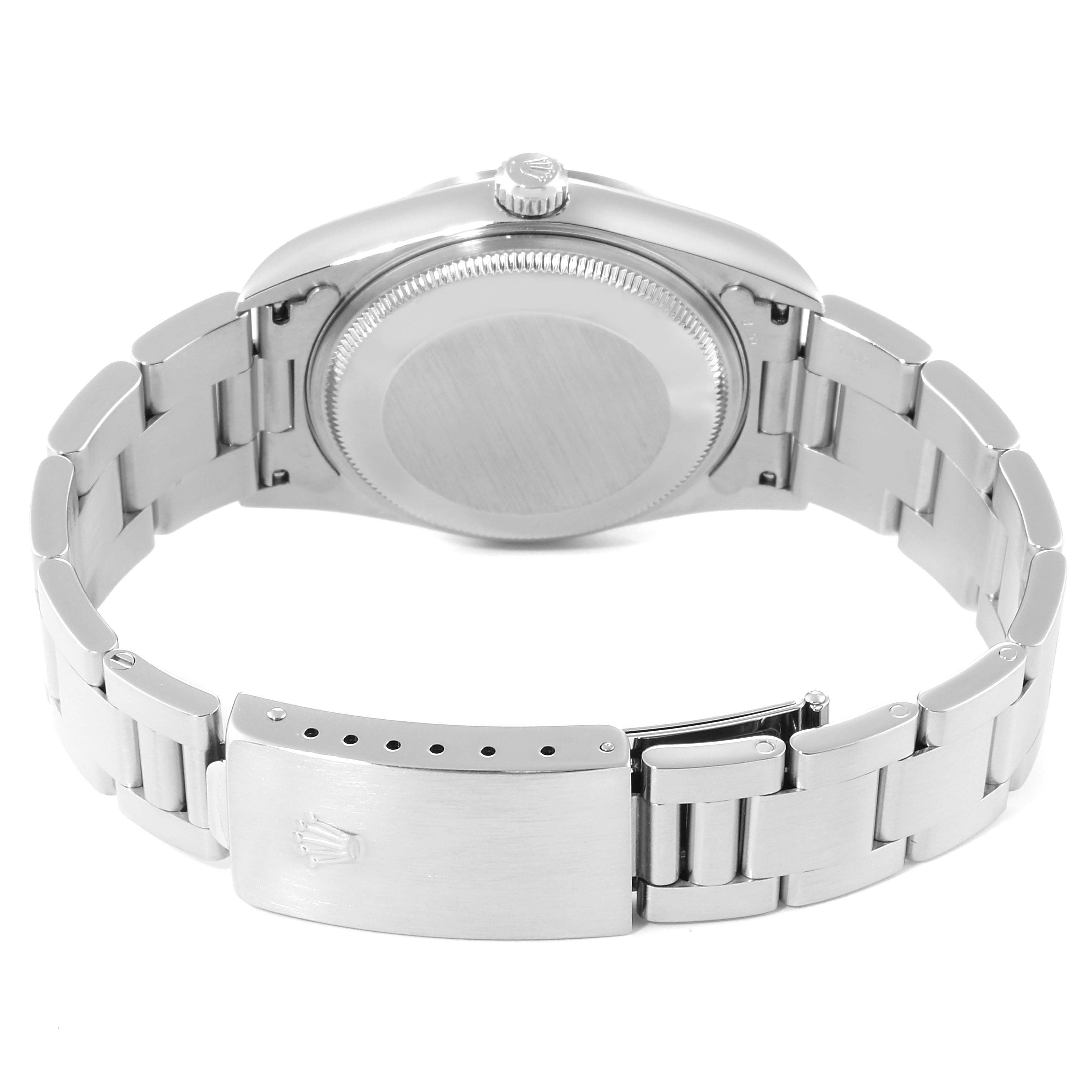 This image shows the back view of a Rolex Air-King 14000 Men's Stainless Steel Silver Dial 14000 Men's Stainless Steel Silver Dial watch, focusing on the case back and bracelet clasp.