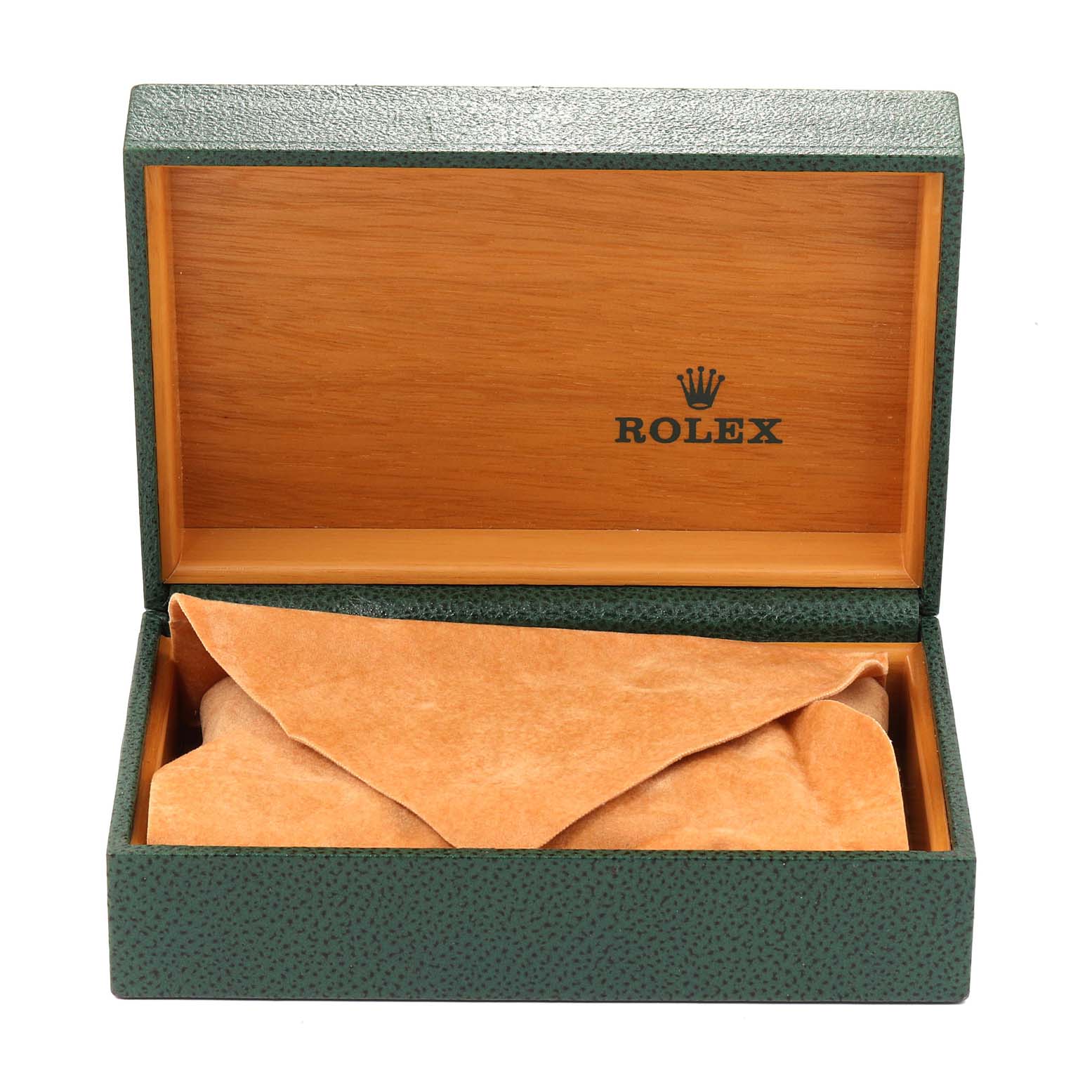 The image shows an open Rolex watch box meant for the Air-King model, with a tan cloth inside.