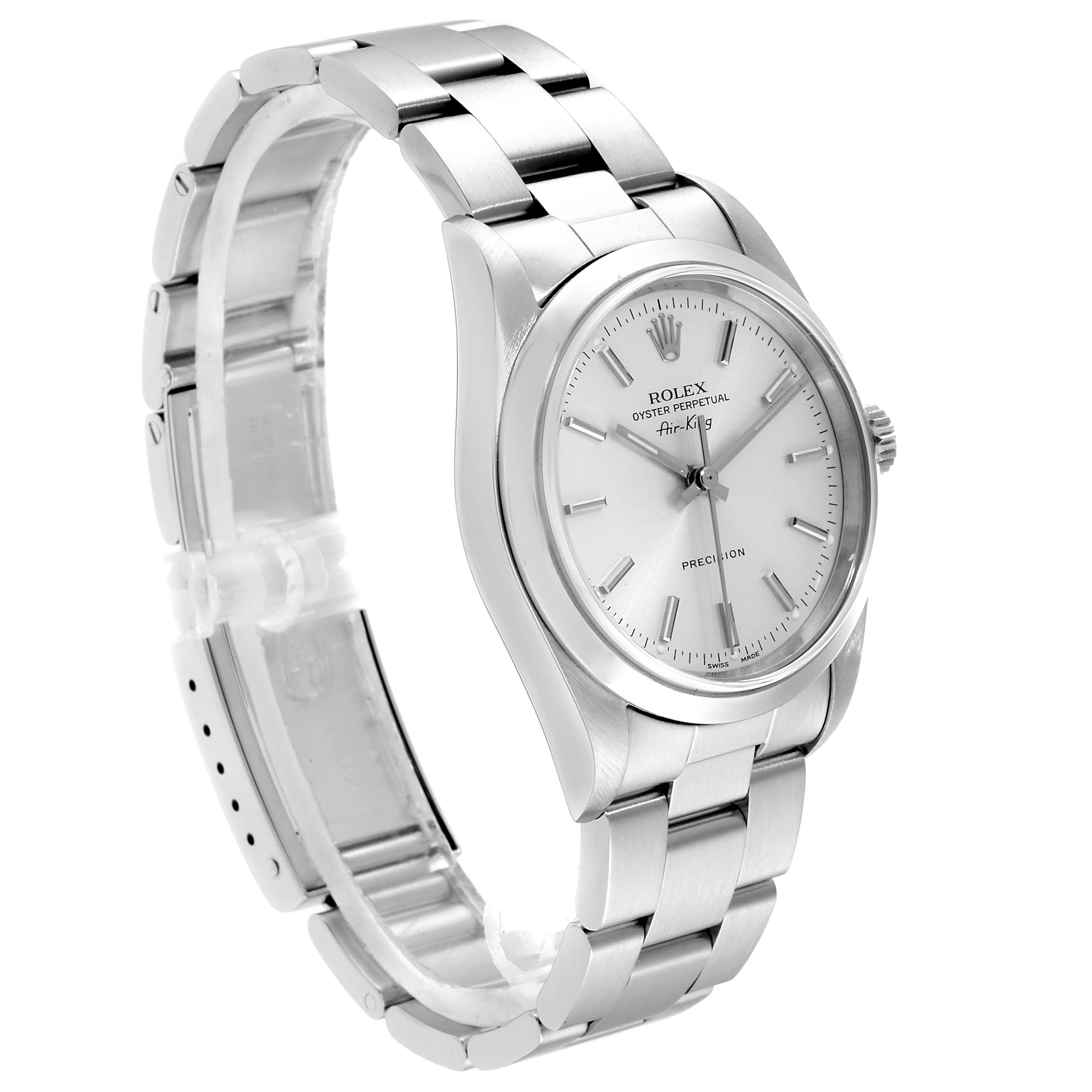 This image shows a Rolex Air-King 14000 Men's Stainless Steel Silver Dial 14000 Men's Stainless Steel Silver Dial watch from a front angle, highlighting its bracelet, case, and dial.
