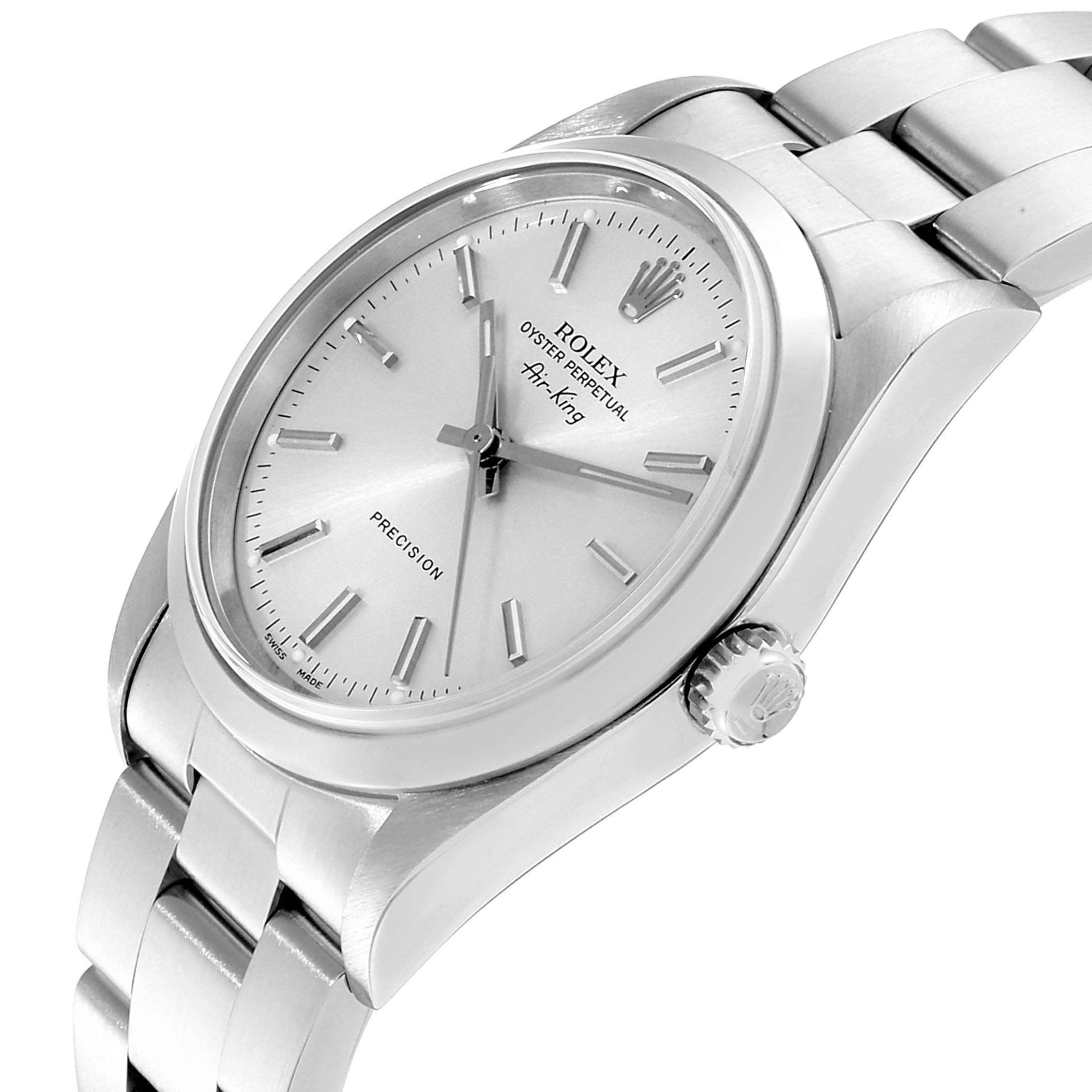 The image shows a side angle of the Rolex Air-King 14000 Men's Stainless Steel Silver Dial 14000 Men's Stainless Steel Silver Dial watch, highlighting the dial, crown, and bracelet.