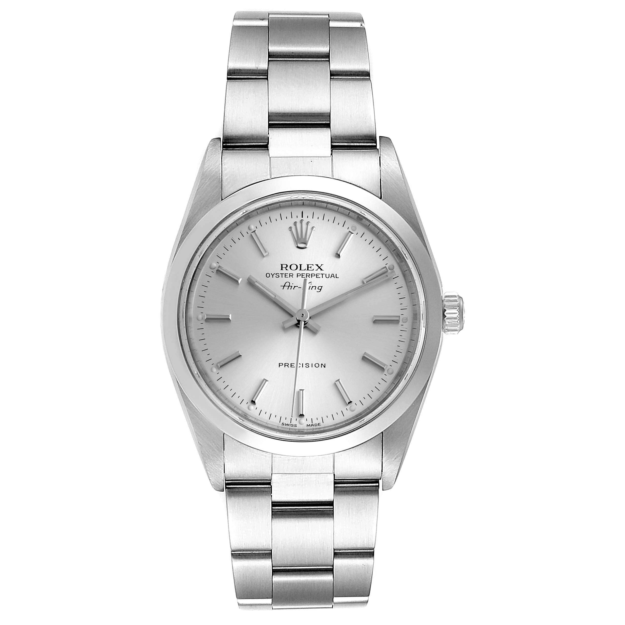 This is a front view of the Rolex Air-King 14000 Men's Stainless Steel Silver Dial 14000 Men's Stainless Steel Silver Dial watch, displaying its face, bezel, and stainless steel bracelet.