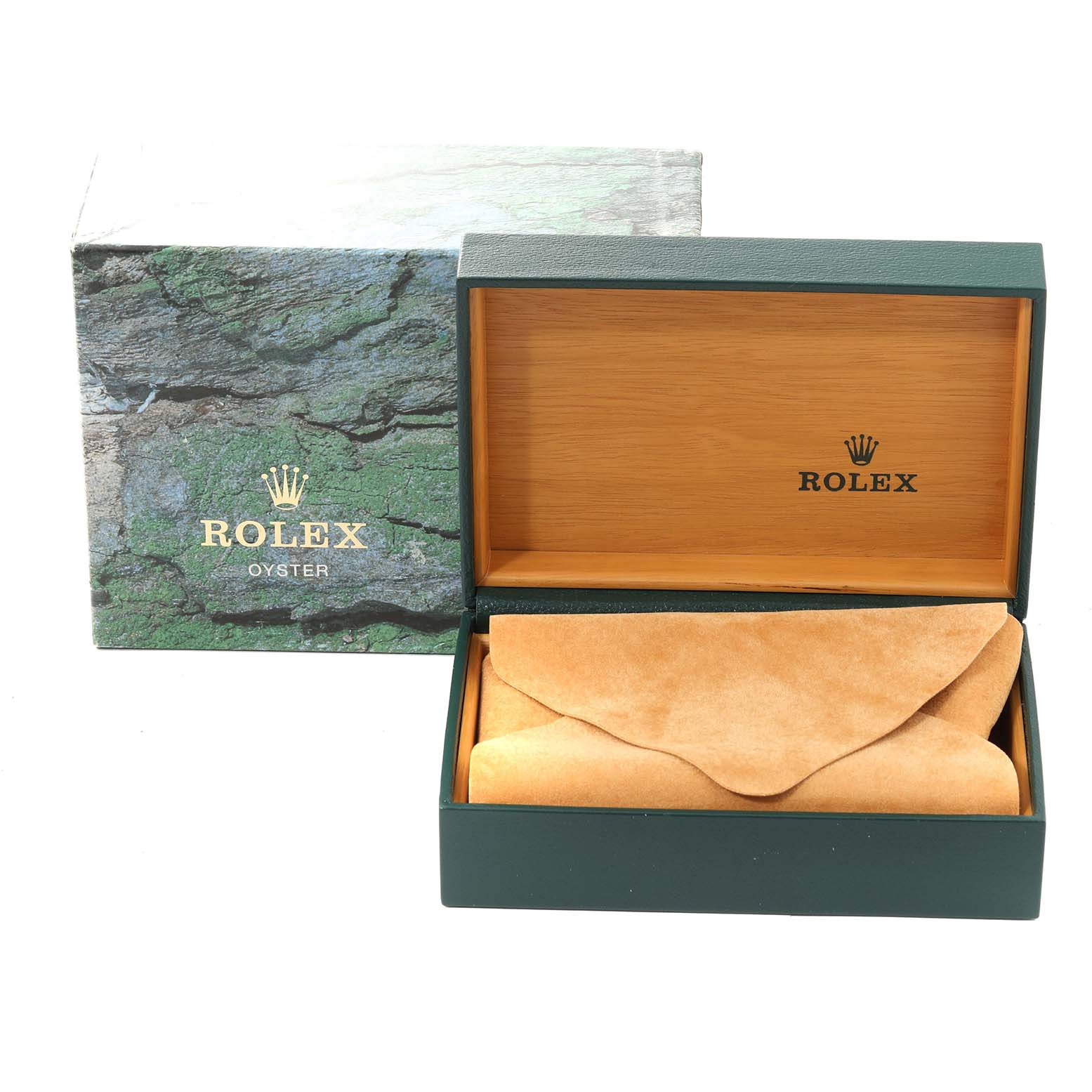 This image shows an open Rolex Air-King 14000 Men's Stainless Steel Pink Dial 14000 Men's Stainless Steel Pink Dial watch box with the exterior box and an inner suede pouch visible.