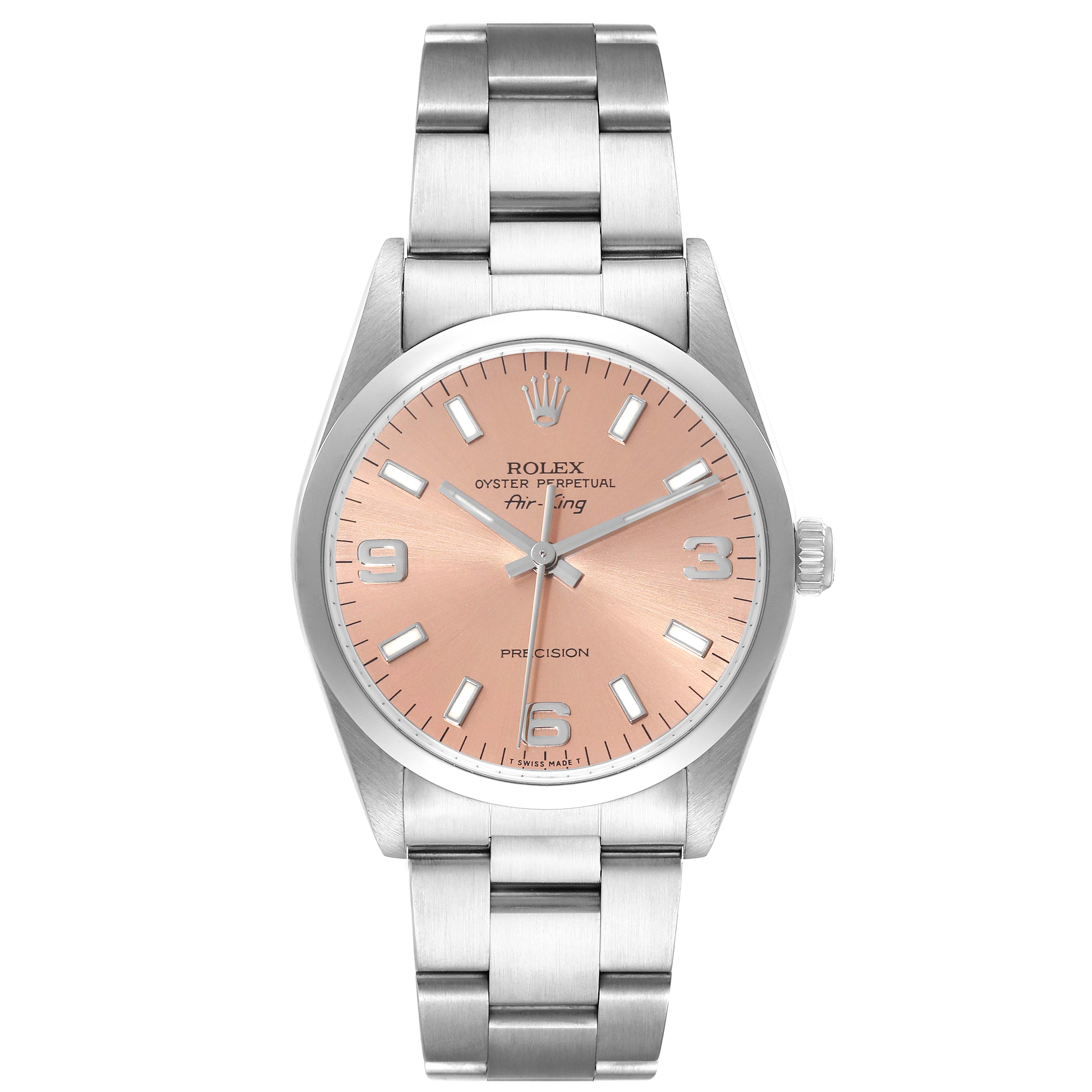 The image shows a frontal view of a Rolex Air-King 14000 Men's Stainless Steel Pink Dial 14000 Men's Stainless Steel Pink Dial watch, highlighting its dial, bracelet, and crown.