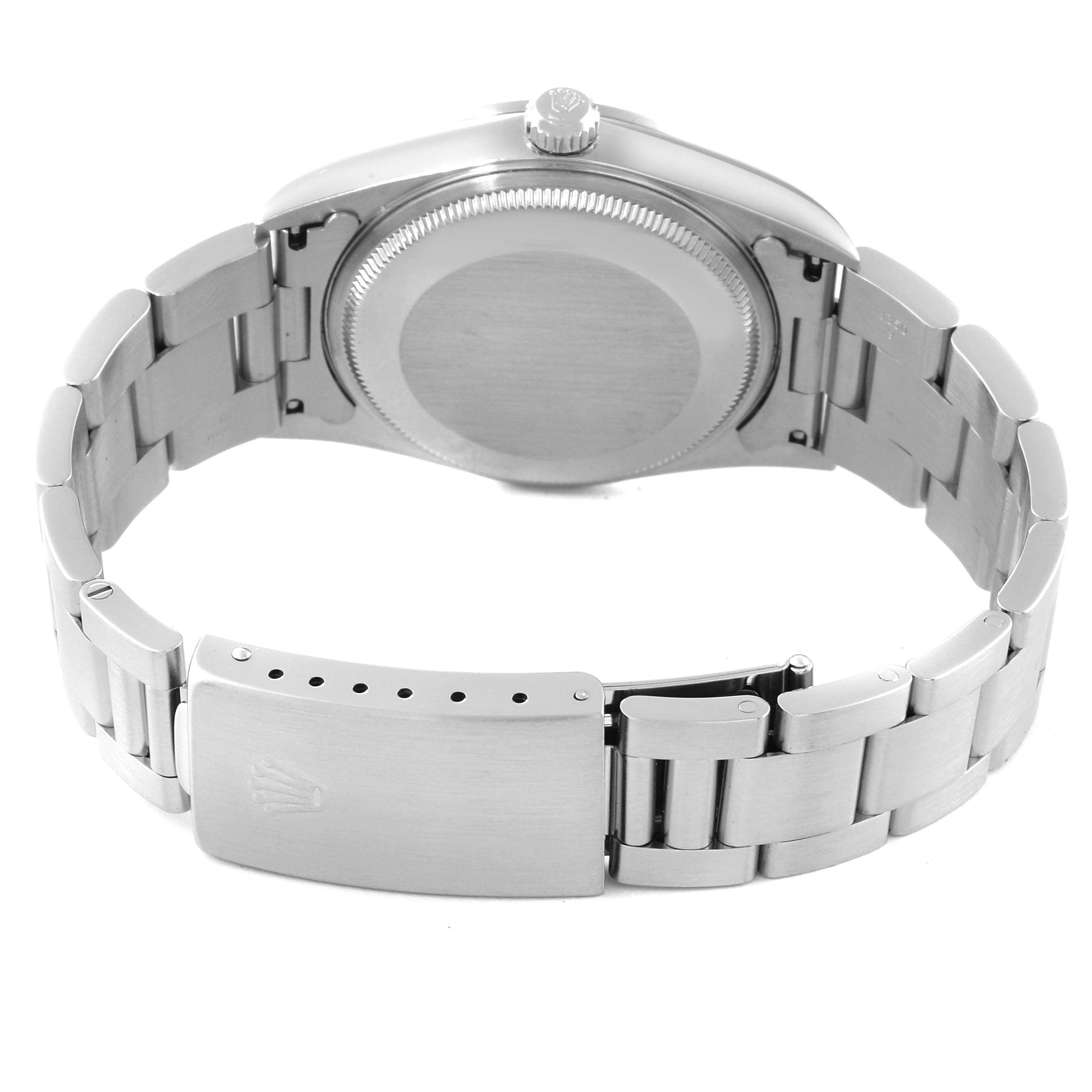 This image shows the Rolex Air-King 14000 Men's Stainless Steel Pink Dial 14000 Men's Stainless Steel Pink Dial watch from the back, highlighting its case back, crown, and partially open metal bracelet.