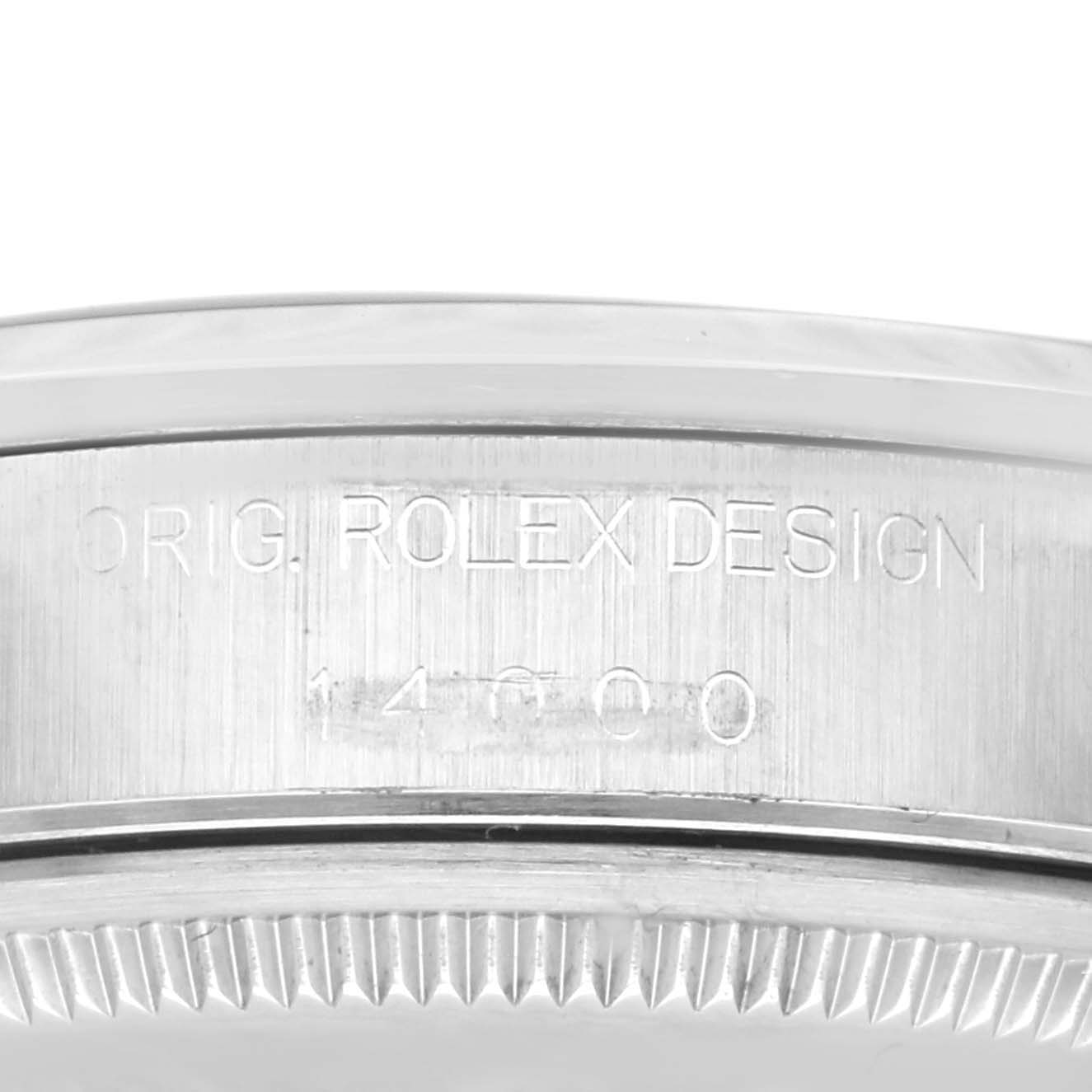 The image shows the side of a Rolex Air-King 14000 Men's Stainless Steel Pink Dial 14000 Men's Stainless Steel Pink Dial watch case, featuring the model number and text "ORIG. ROLEX DESIGN."