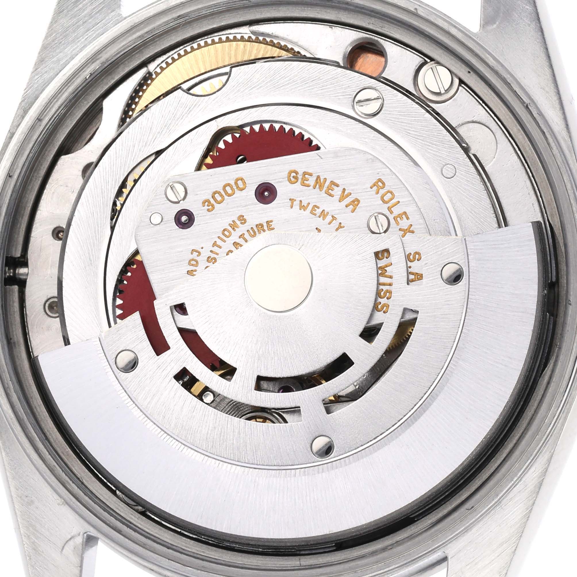The image shows the internal movement components of a Rolex Air-King 14000 Men's Stainless Steel Pink Dial 14000 Men's Stainless Steel Pink Dial watch from a top-down angle.