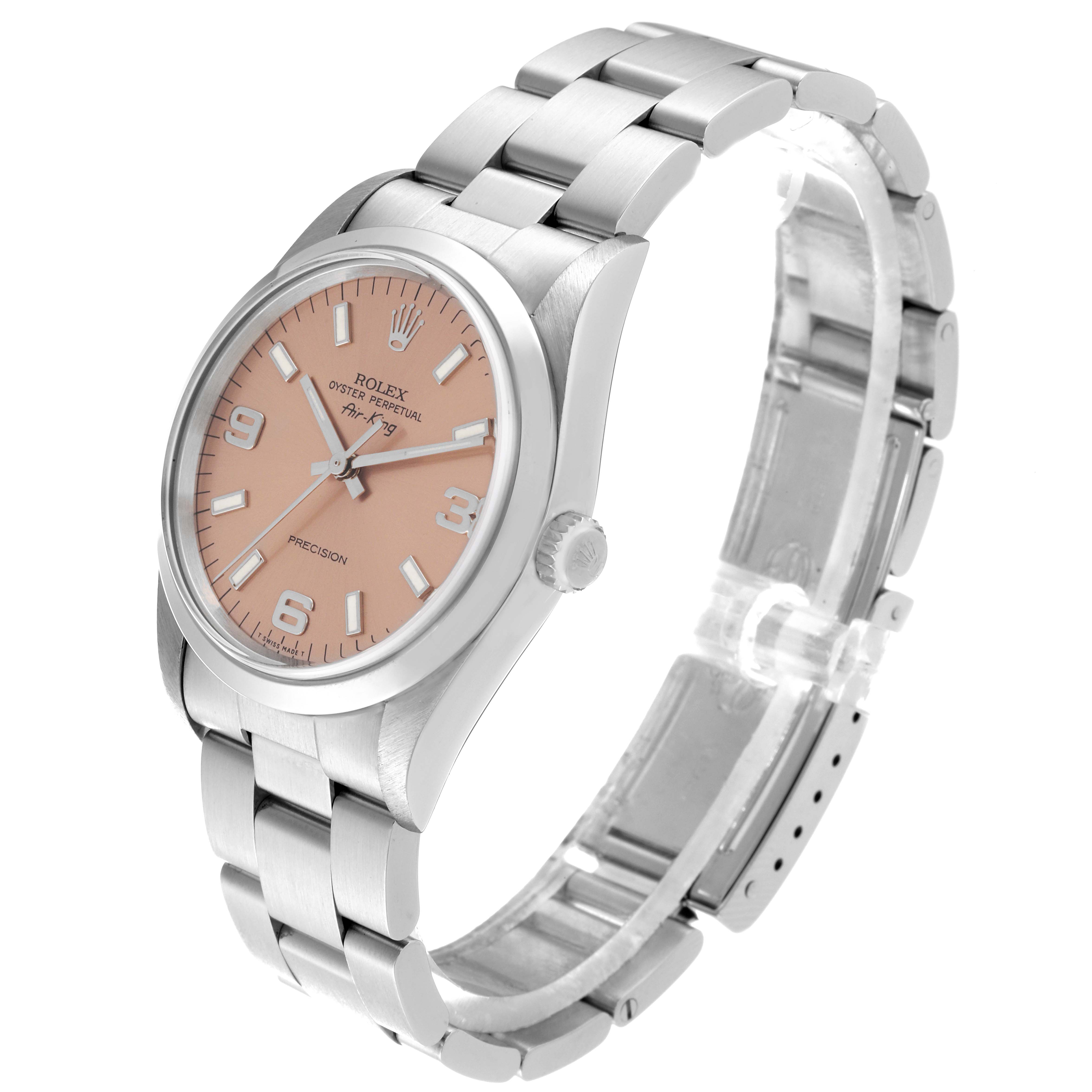 The image shows a side and front view of a Rolex Air-King 14000 Men's Stainless Steel Pink Dial 14000 Men's Stainless Steel Pink Dial watch, highlighting its stainless steel case, bracelet, and salmon dial.