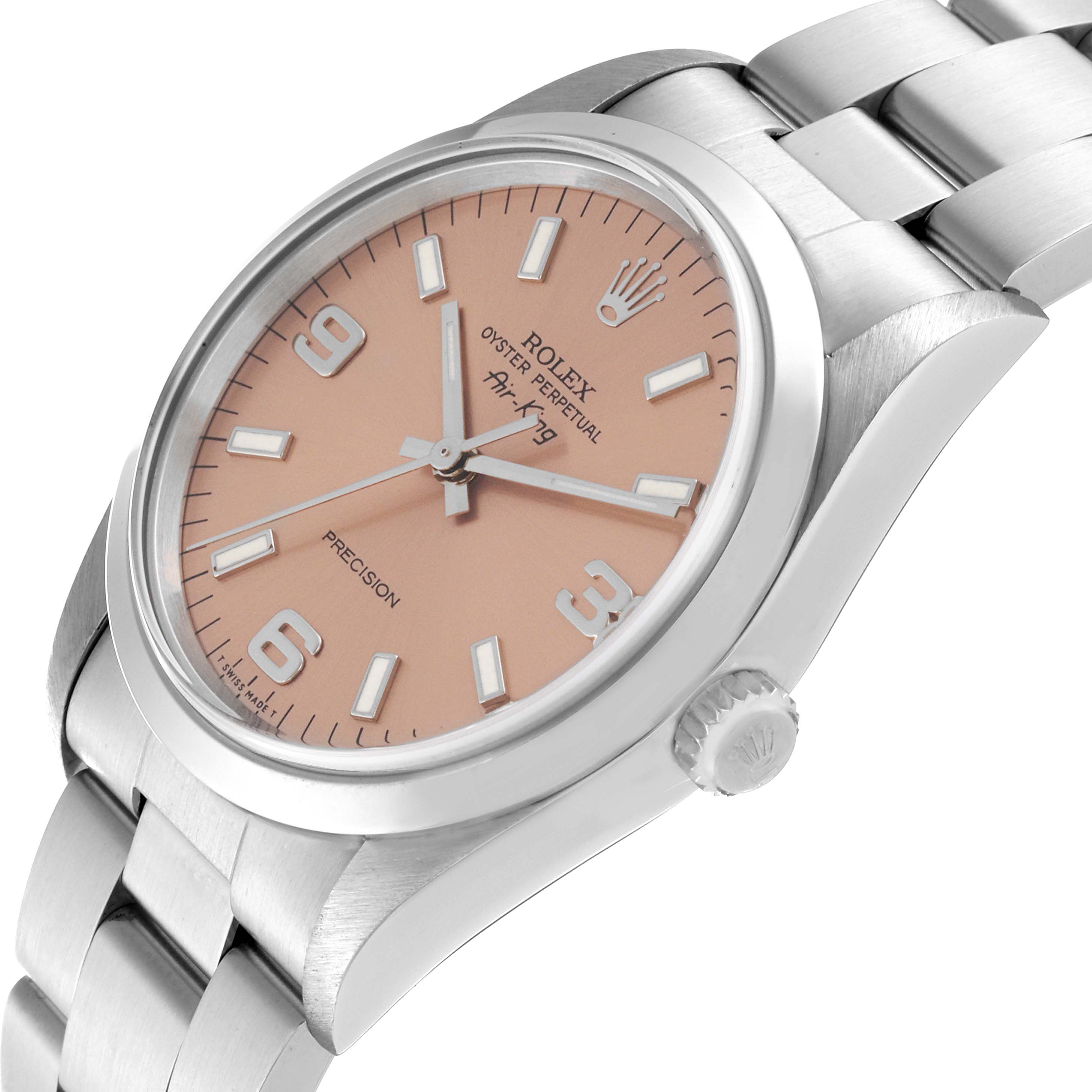 The Rolex Air-King 14000 Men's Stainless Steel Pink Dial 14000 Men's Stainless Steel Pink Dial watch is shown at a slight angle, featuring the dial, crown, case, and part of the bracelet.