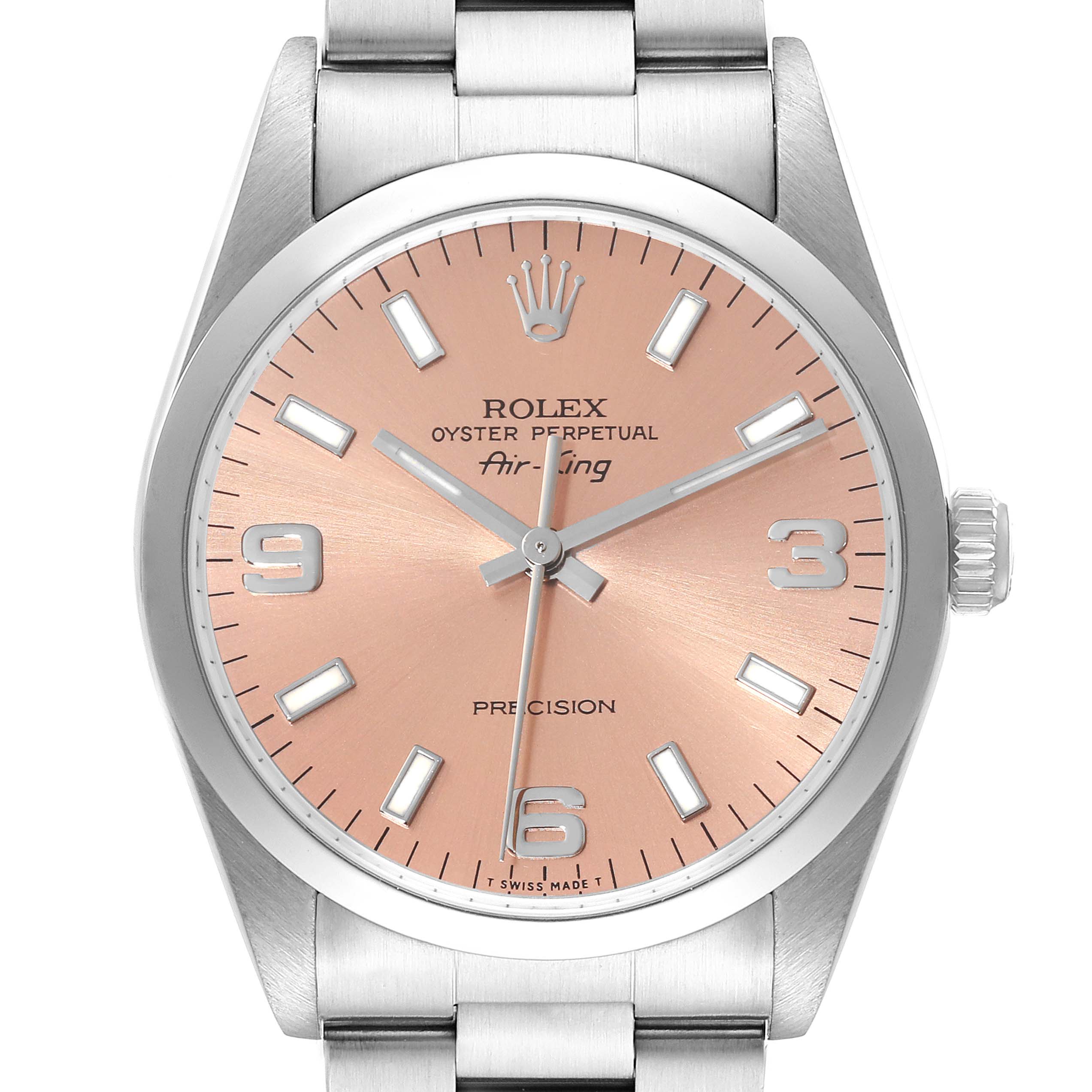 The image shows the Rolex Air-King 14000 Men's Stainless Steel Pink Dial 14000 Men's Stainless Steel Pink Dial watch face and stainless steel bracelet from a front angle.