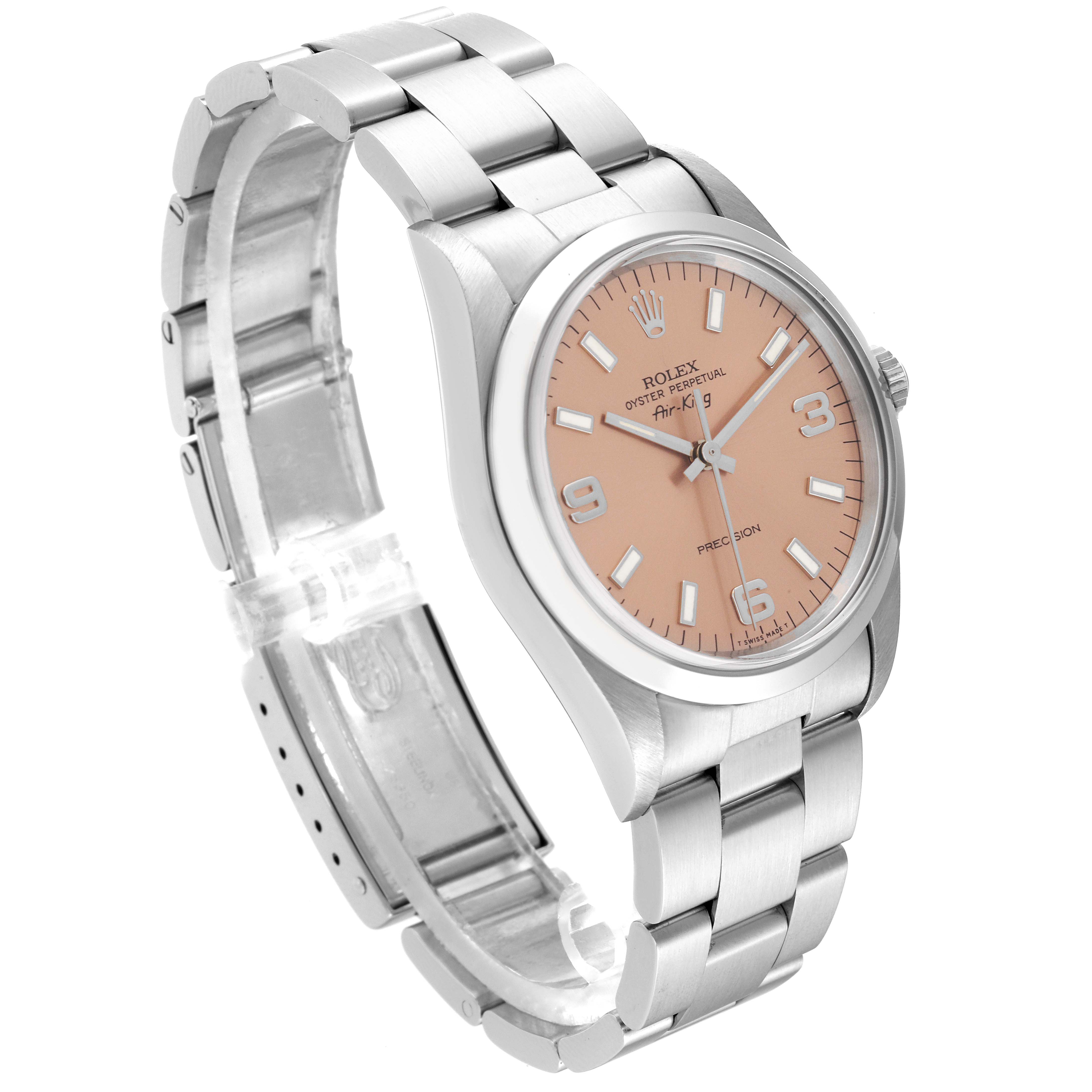 The Rolex Air-King 14000 Men's Stainless Steel Pink Dial 14000 Men's Stainless Steel Pink Dial watch is shown at a three-quarter angle, highlighting its face, bracelet, and clasp.