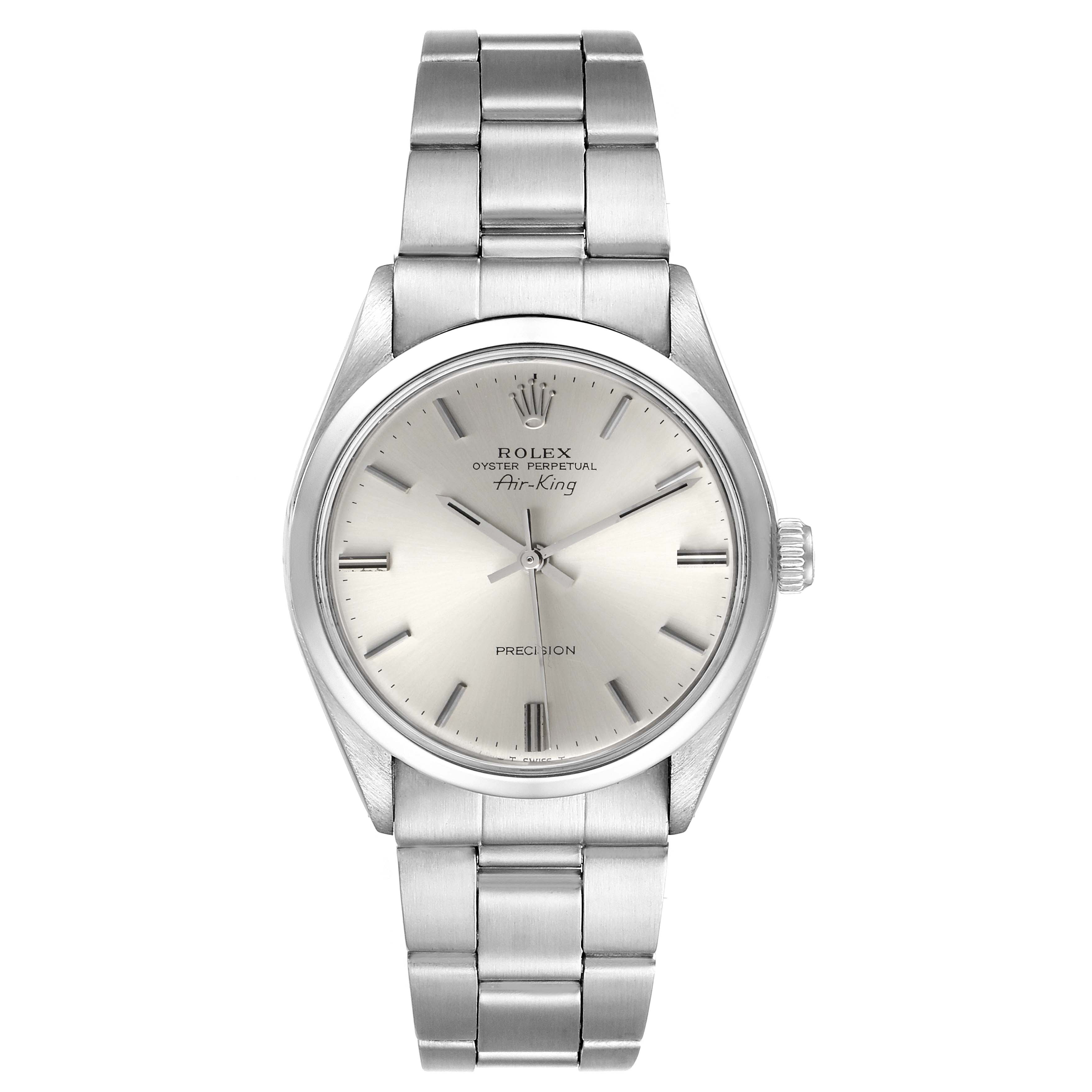 The image shows a front view of the Rolex Vintage Collection 5500 Men's Stainless Steel Silver Dial 5500 Men's Stainless Steel Silver Dial Air-King watch, displaying the dial, case, and bracelet.