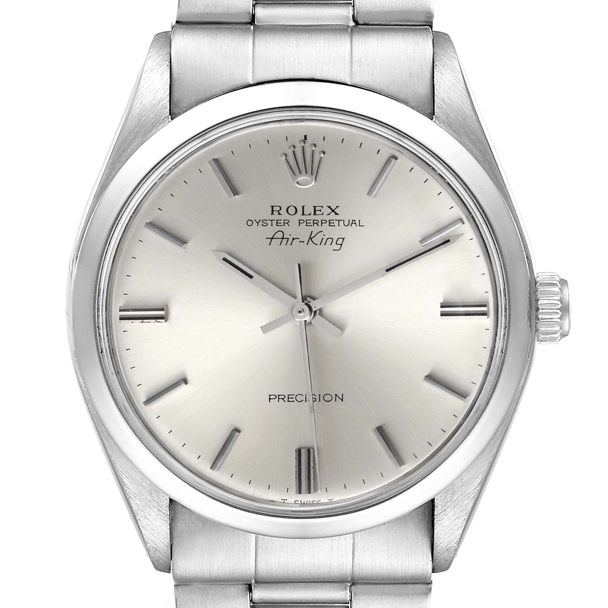 This image shows a front view of a Rolex Vintage Collection 5500 Men's Stainless Steel Silver Dial 5500 Men's Stainless Steel Silver Dial Air-King watch, highlighting its face and metal bracelet.