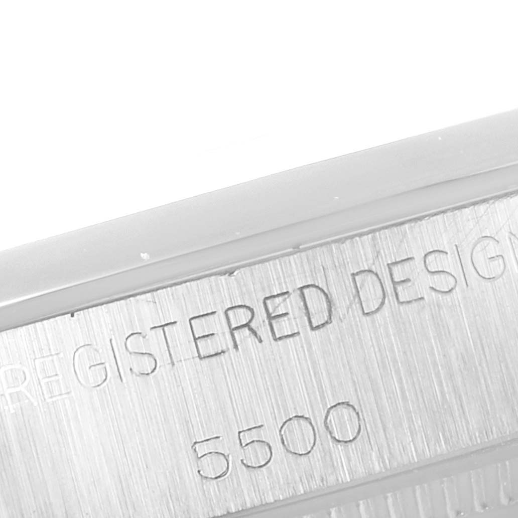 The image shows a close-up of the case side of the Rolex Vintage Collection 5500 Men's Stainless Steel Silver Dial 5500 Men's Stainless Steel Silver Dial model, displaying the "REGISTERED DESIGN" and the model number "5500."