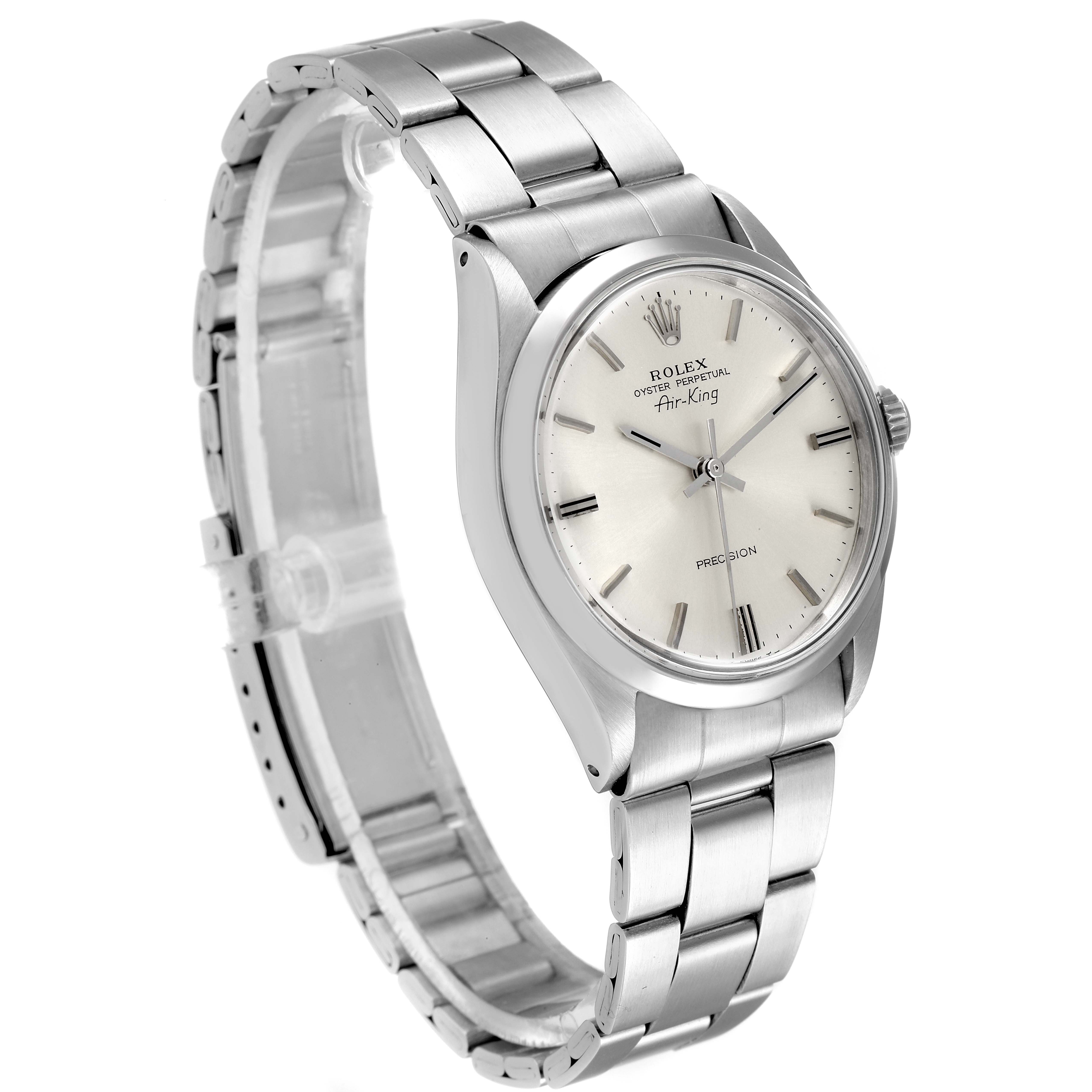 The image shows a Rolex Vintage Collection 5500 Men's Stainless Steel Silver Dial 5500 Men's Stainless Steel Silver Dial model watch viewed from a three-quarter angle, highlighting the face, bezel, and bracelet.
