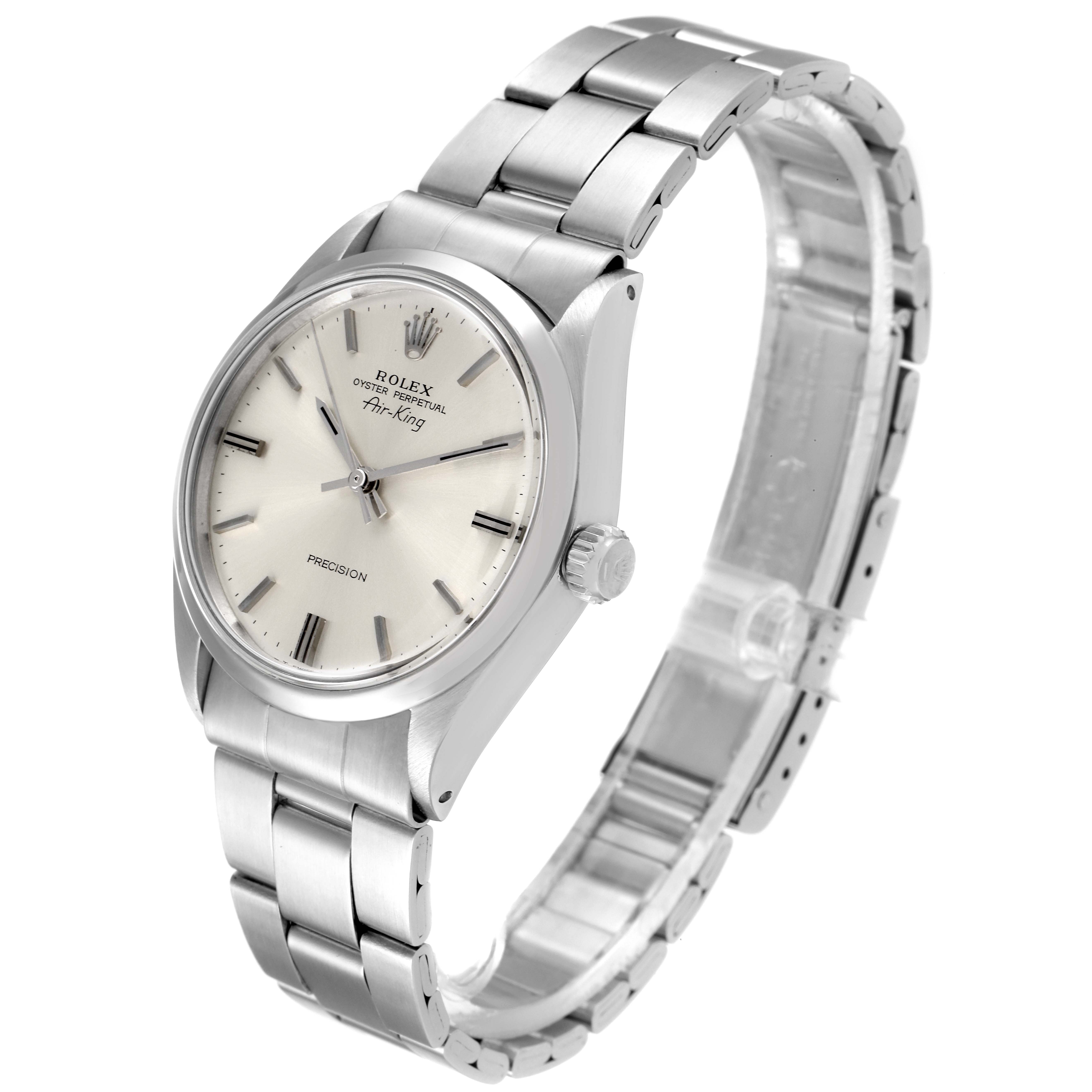 The image shows a Rolex Vintage Collection 5500 Men's Stainless Steel Silver Dial 5500 Men's Stainless Steel Silver Dial Air-King watch angled to display the front, case, and bracelet.