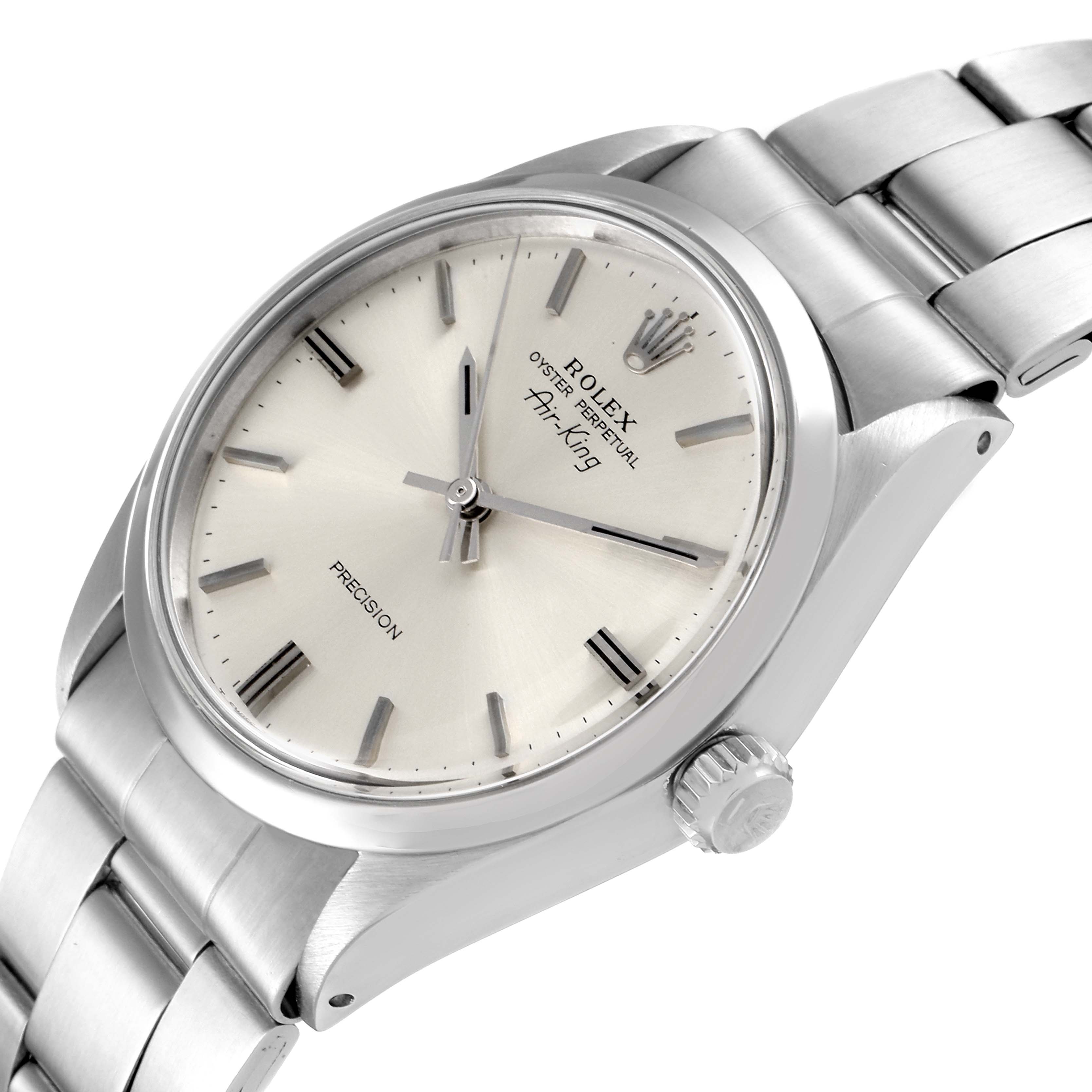 The Rolex Vintage Collection 5500 Men's Stainless Steel Silver Dial 5500 Men's Stainless Steel Silver Dial model is shown at an angled close-up, displaying the dial, bezel, crown, and part of the metal bracelet.