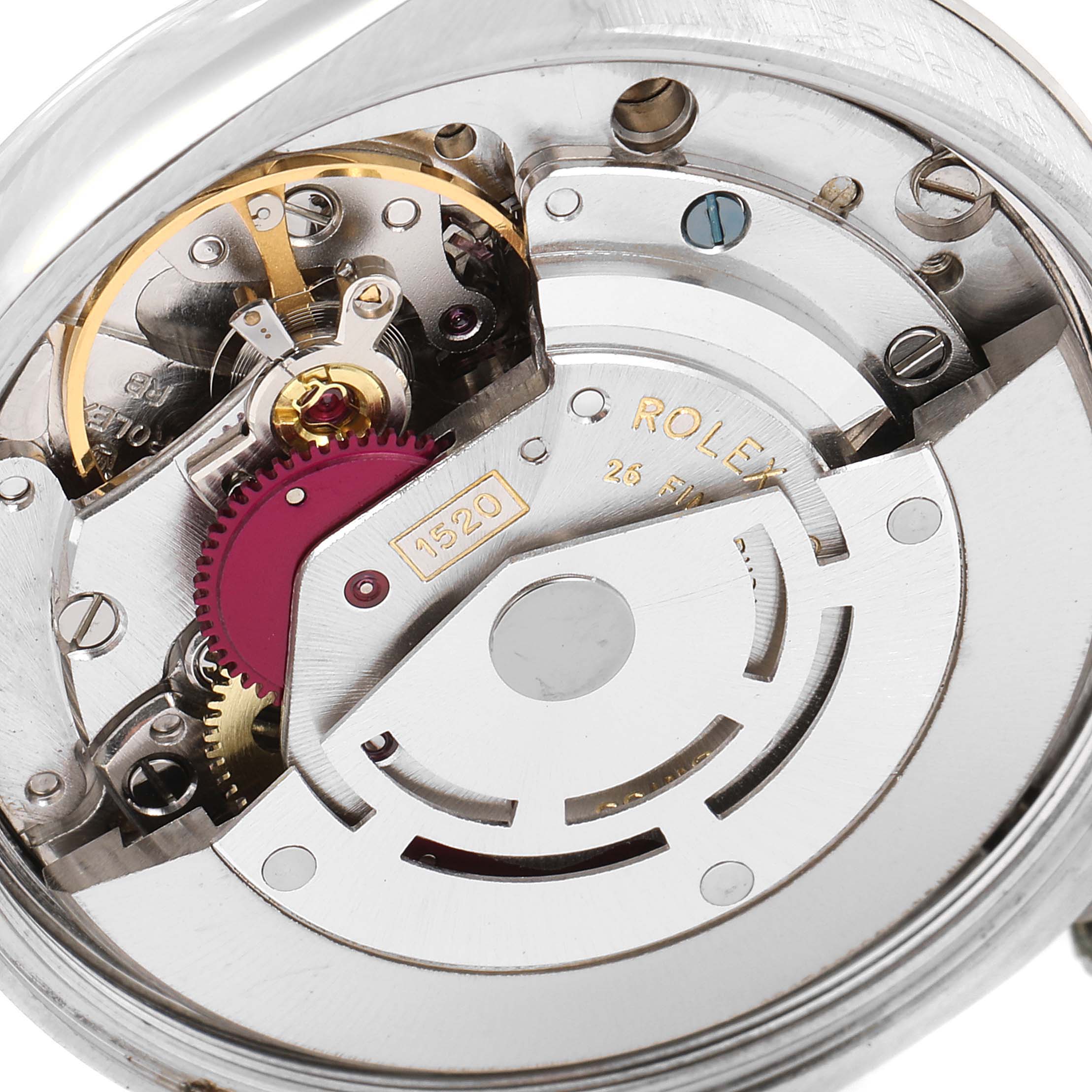 This image shows the internal mechanism of a Rolex Vintage Collection 5500 Men's Stainless Steel Silver Dial 5500 Men's Stainless Steel Silver Dial watch, focusing on its intricate gears and movement parts.