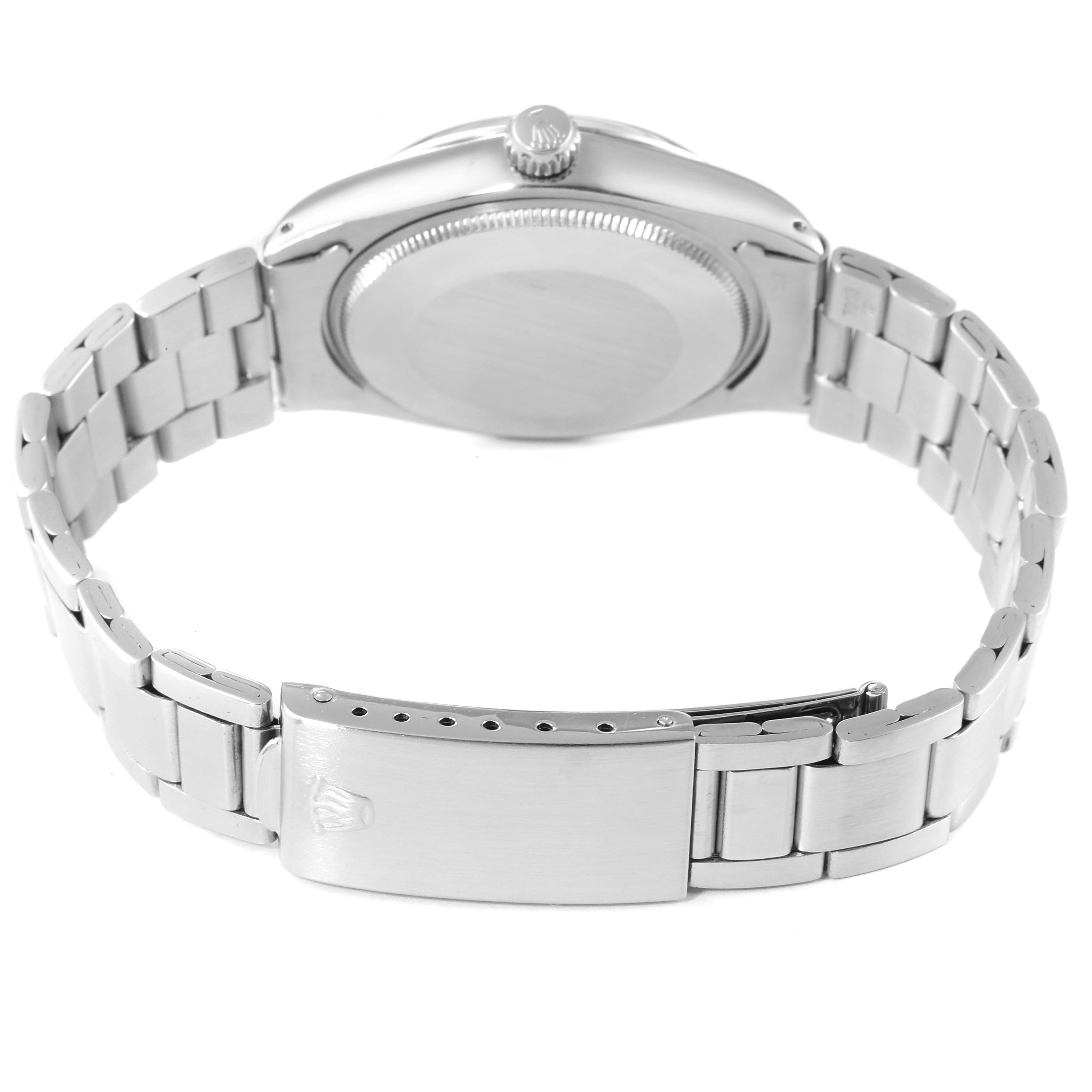 The image shows the backside of the Rolex Vintage Collection 5500 Men's Stainless Steel Silver Dial 5500 Men's Stainless Steel Silver Dial model, focusing on the case back and the bracelet clasp.