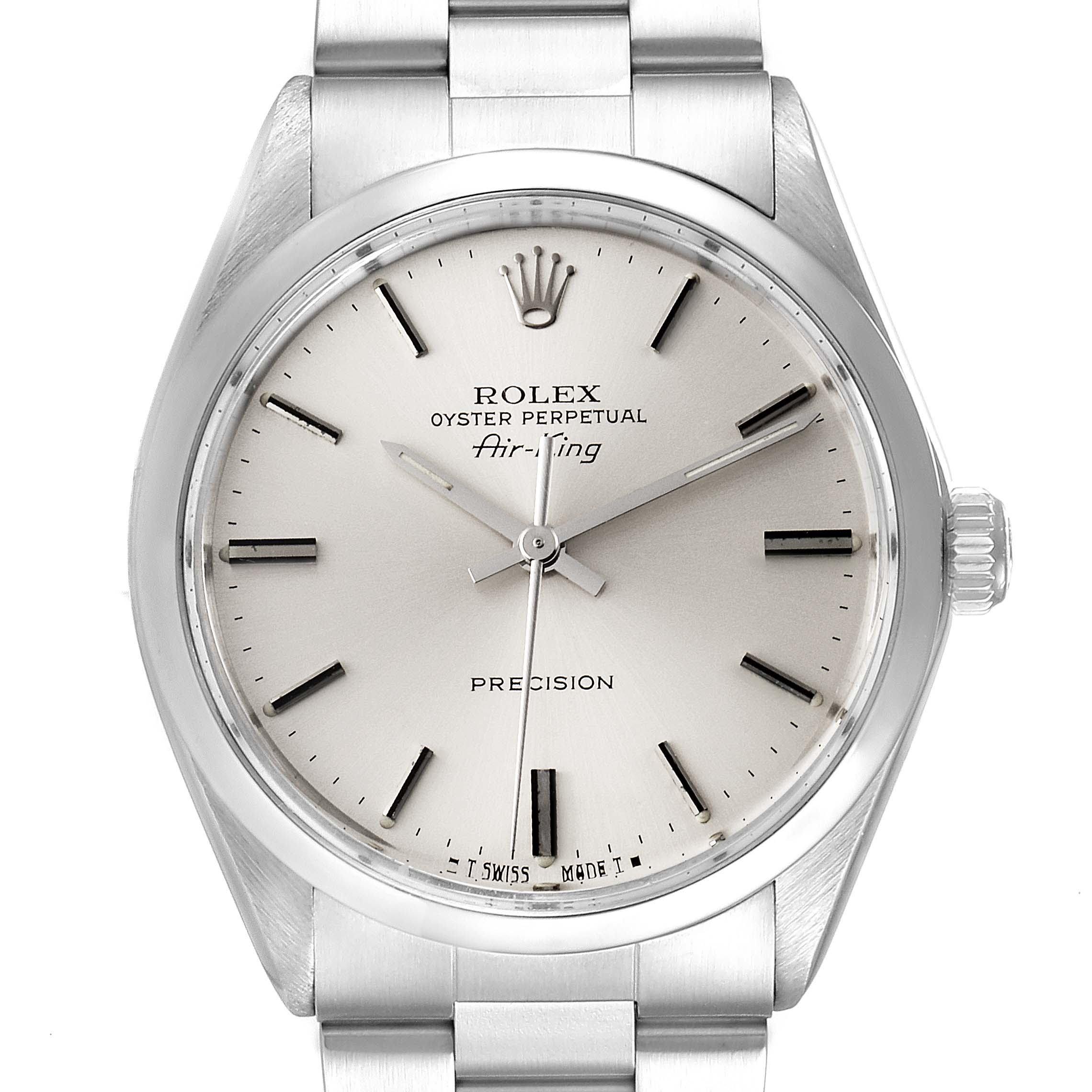 This is a close-up front view of the Rolex Vintage Collection 5500 Men
s Stainless Steel Silver Dial 5500 Men
s Stainless Steel Silver Dial model "Air-King," showing the dial, crown, and part of the bracelet.