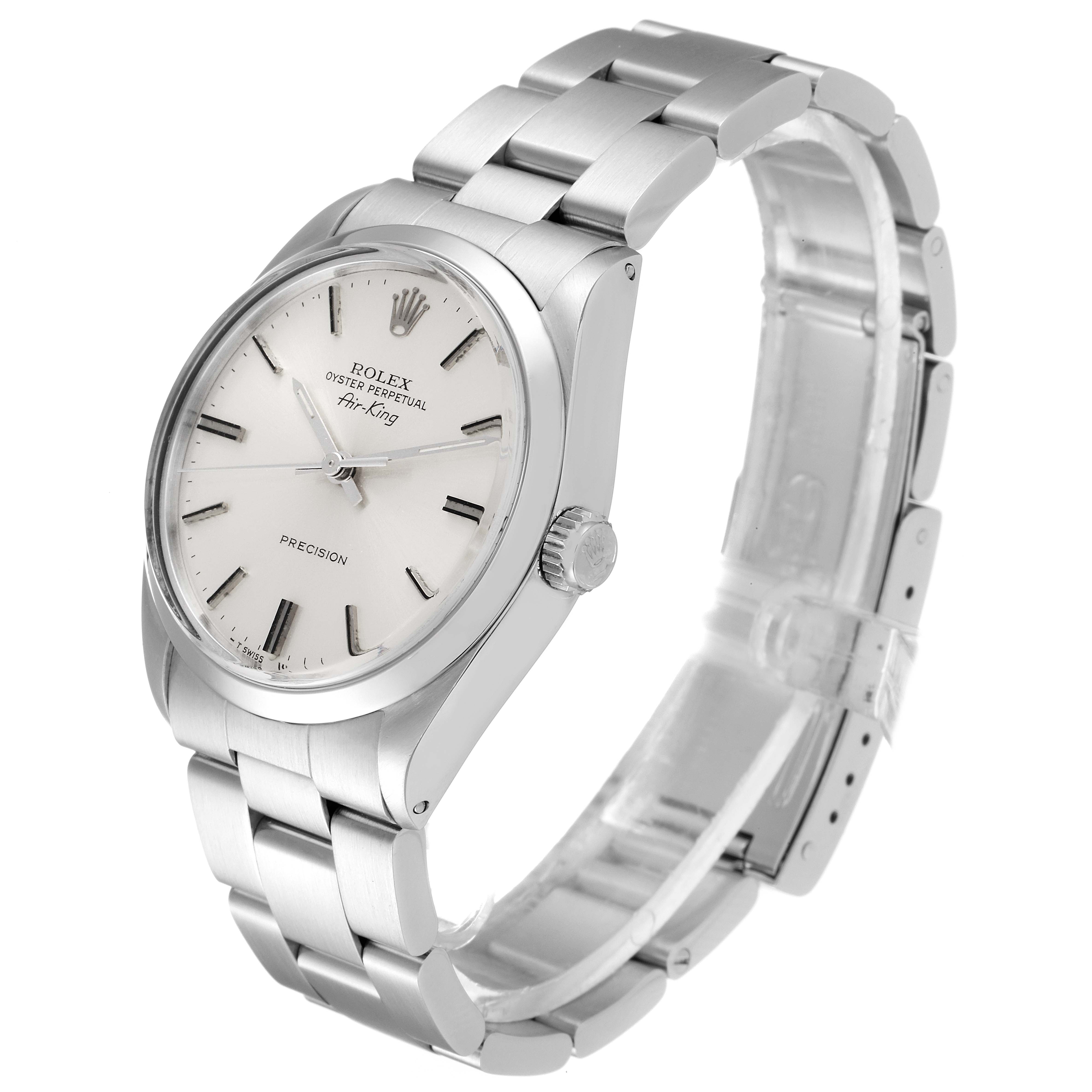 The image shows a side angle view of a Rolex Vintage Collection 5500 Men
s Stainless Steel Silver Dial 5500 Men
s Stainless Steel Silver Dial model, displaying the watch face, crown, and metal bracelet.