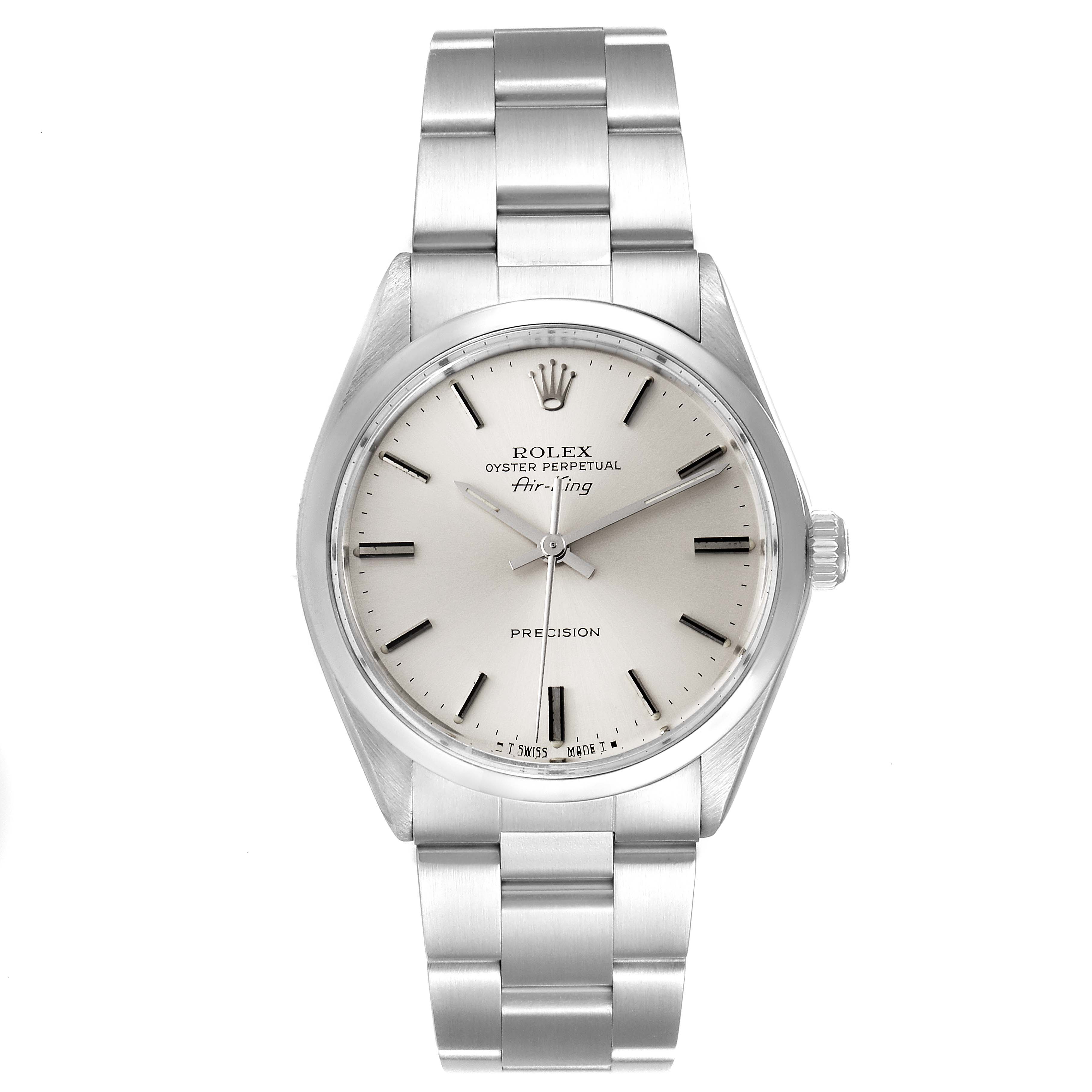 The image shows a front view of the Rolex Vintage Collection 5500 Men
s Stainless Steel Silver Dial 5500 Men
s Stainless Steel Silver Dial Oyster Perpetual Air-King watch, featuring its face, case, and bracelet.