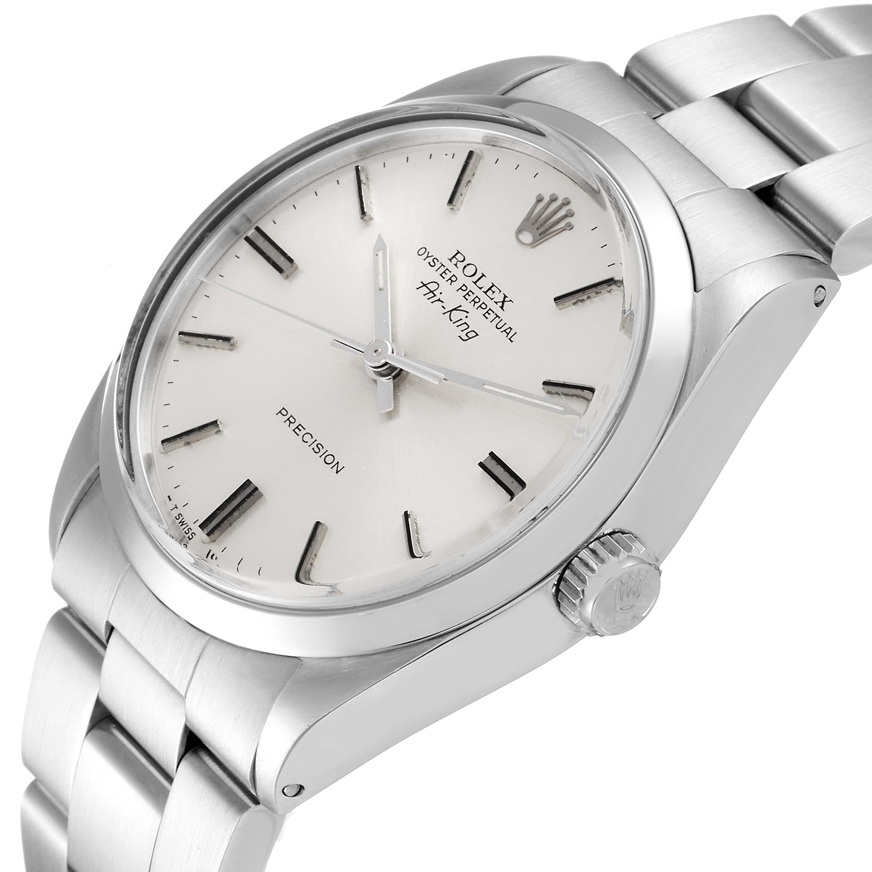 This image shows a Rolex Vintage Collection 5500 Men
s Stainless Steel Silver Dial 5500 Men
s Stainless Steel Silver Dial watch from an angled side view, displaying the dial, crown, and bracelet.