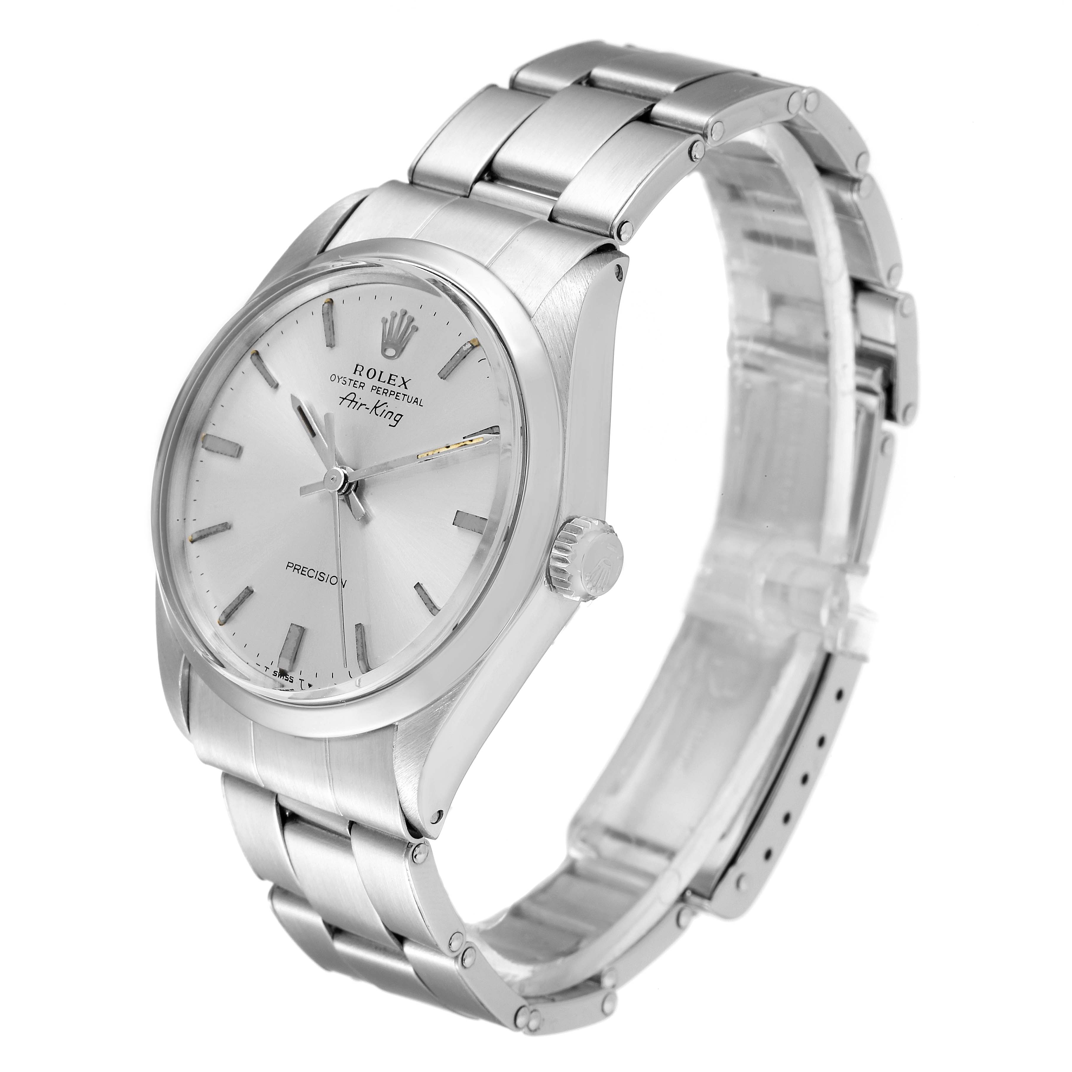 The image shows a Rolex Vintage Collection 5500 Men's Stainless Steel Silver Dial 5500 Men's Stainless Steel Silver Dial model watch, featuring a side view displaying the face, bezel, crown, and bracelet.