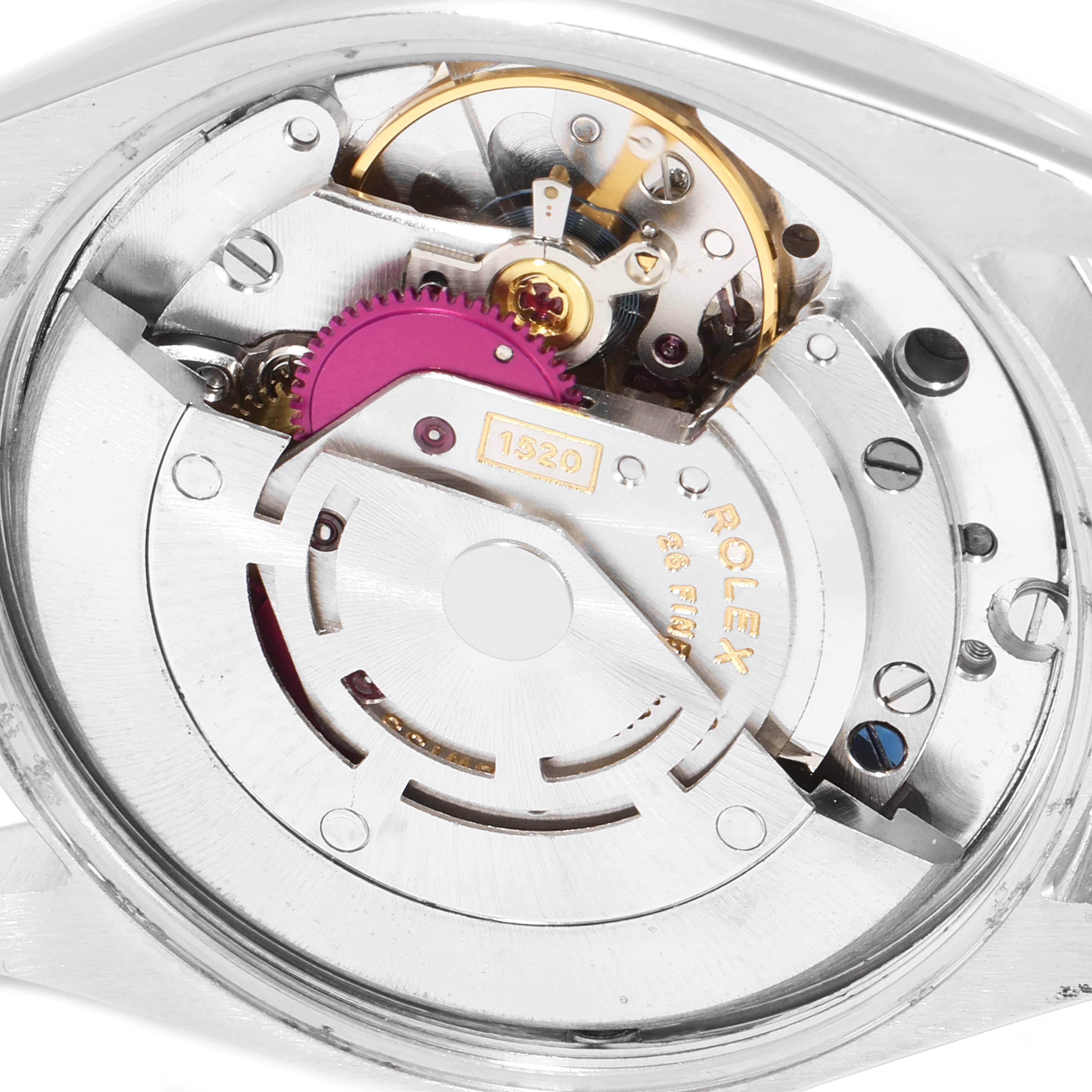 A close-up view shows the intricate internal mechanism of the Rolex Vintage Collection 5500 Men's Stainless Steel Silver Dial 5500 Men's Stainless Steel Silver Dial model watch.