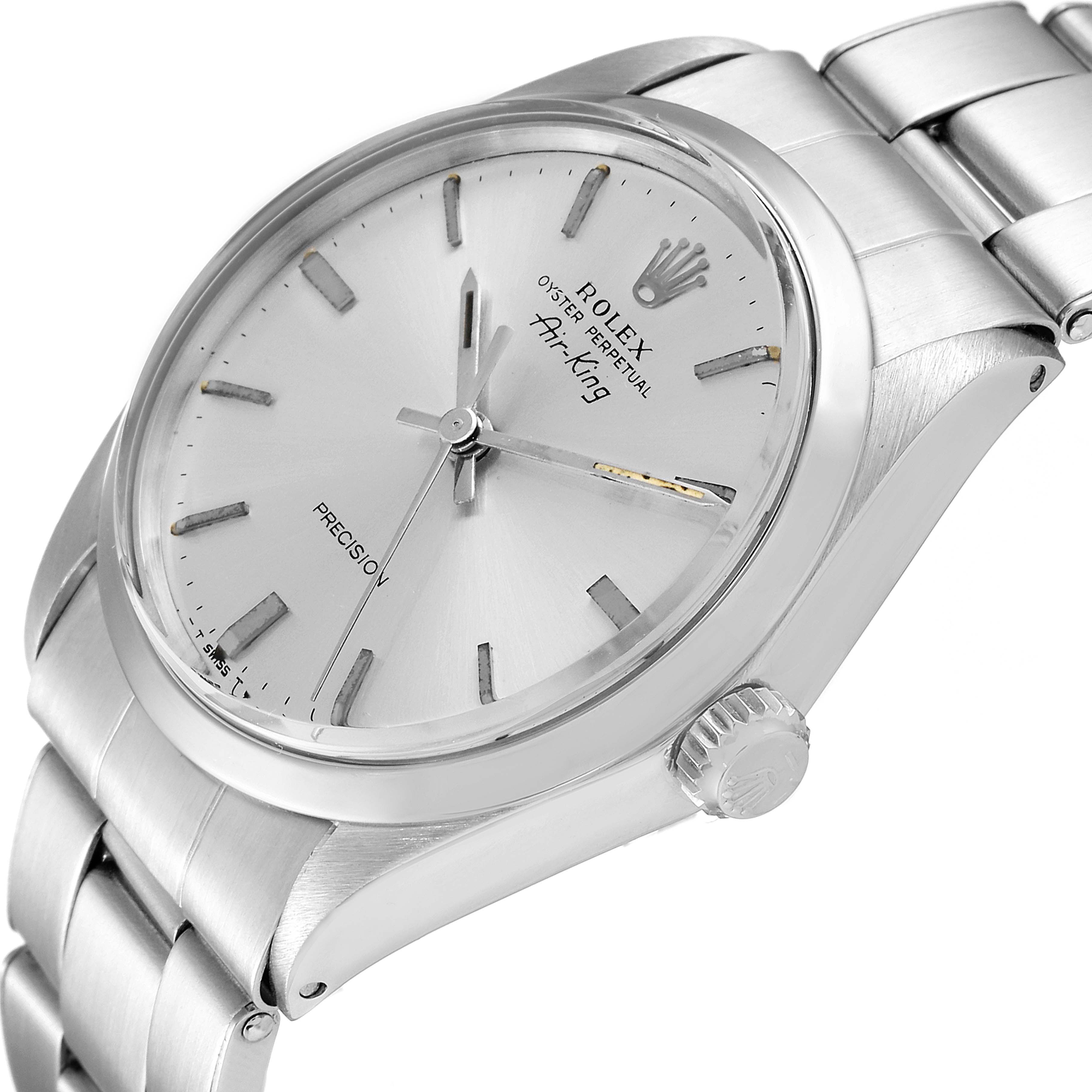 The Rolex Vintage Collection 5500 Men's Stainless Steel Silver Dial 5500 Men's Stainless Steel Silver Dial watch is shown at an angled side view, displaying its dial, case, and part of the bracelet.