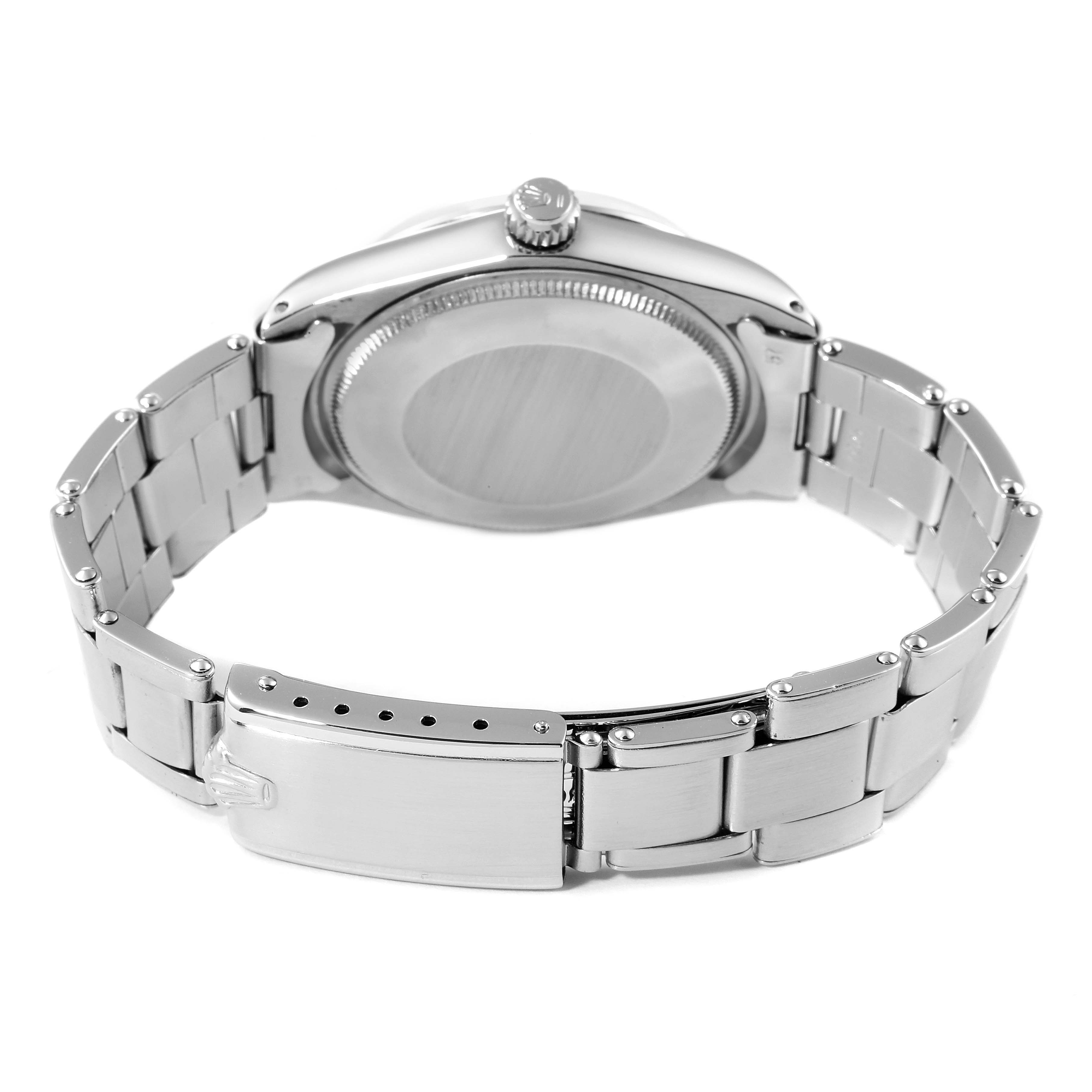 This image shows the back view of a Rolex Vintage Collection 5500 Men's Stainless Steel Silver Dial 5500 Men's Stainless Steel Silver Dial watch, specifically highlighting the clasp and bracelet.