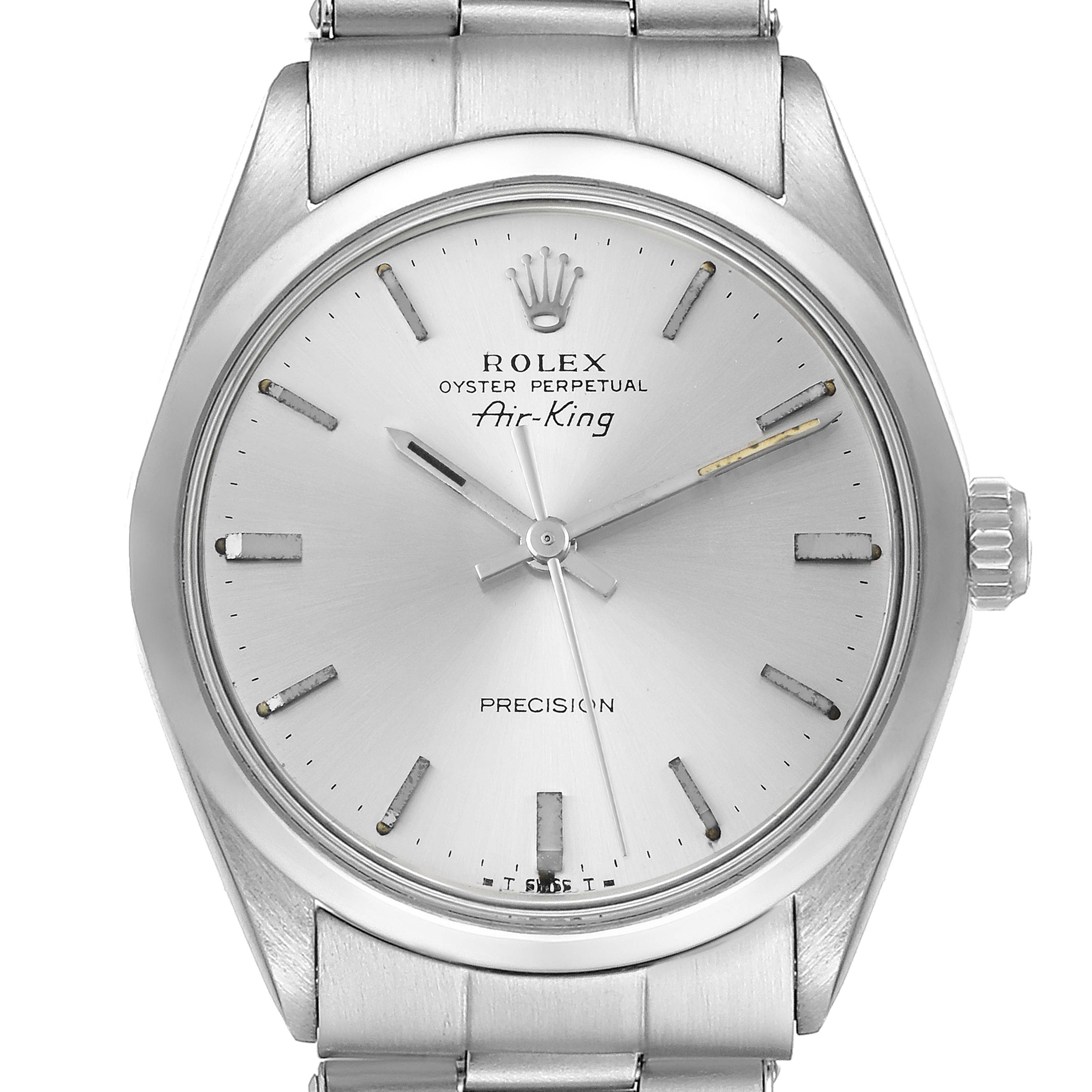 The Rolex Vintage Collection 5500 Men's Stainless Steel Silver Dial 5500 Men's Stainless Steel Silver Dial model watch, Air-King, is shown from a front angle highlighting the dial, hour markers, and crown.